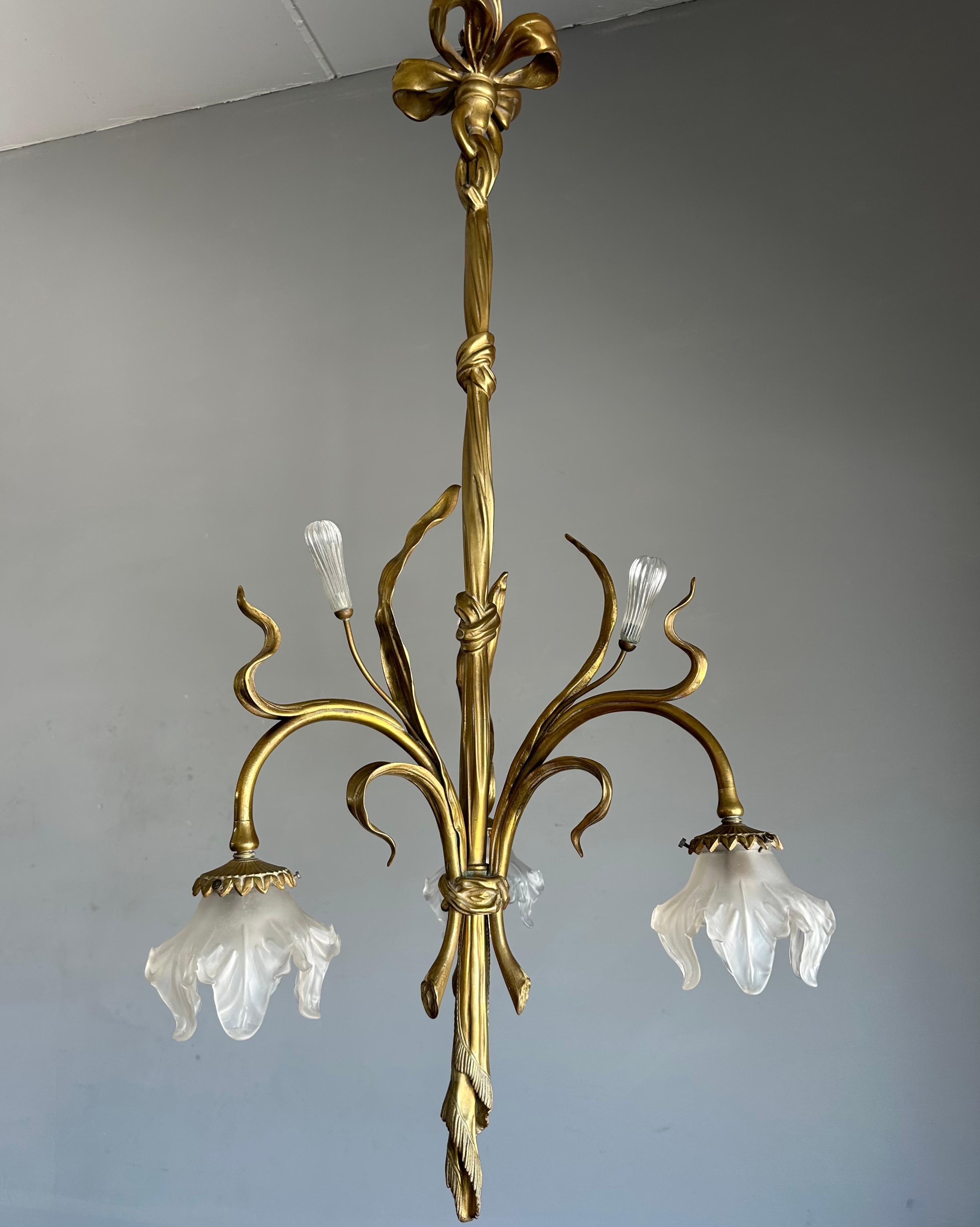Large & Organic Design Bronze Art Nouveau Chandelier with Glass Flower Shades For Sale 13