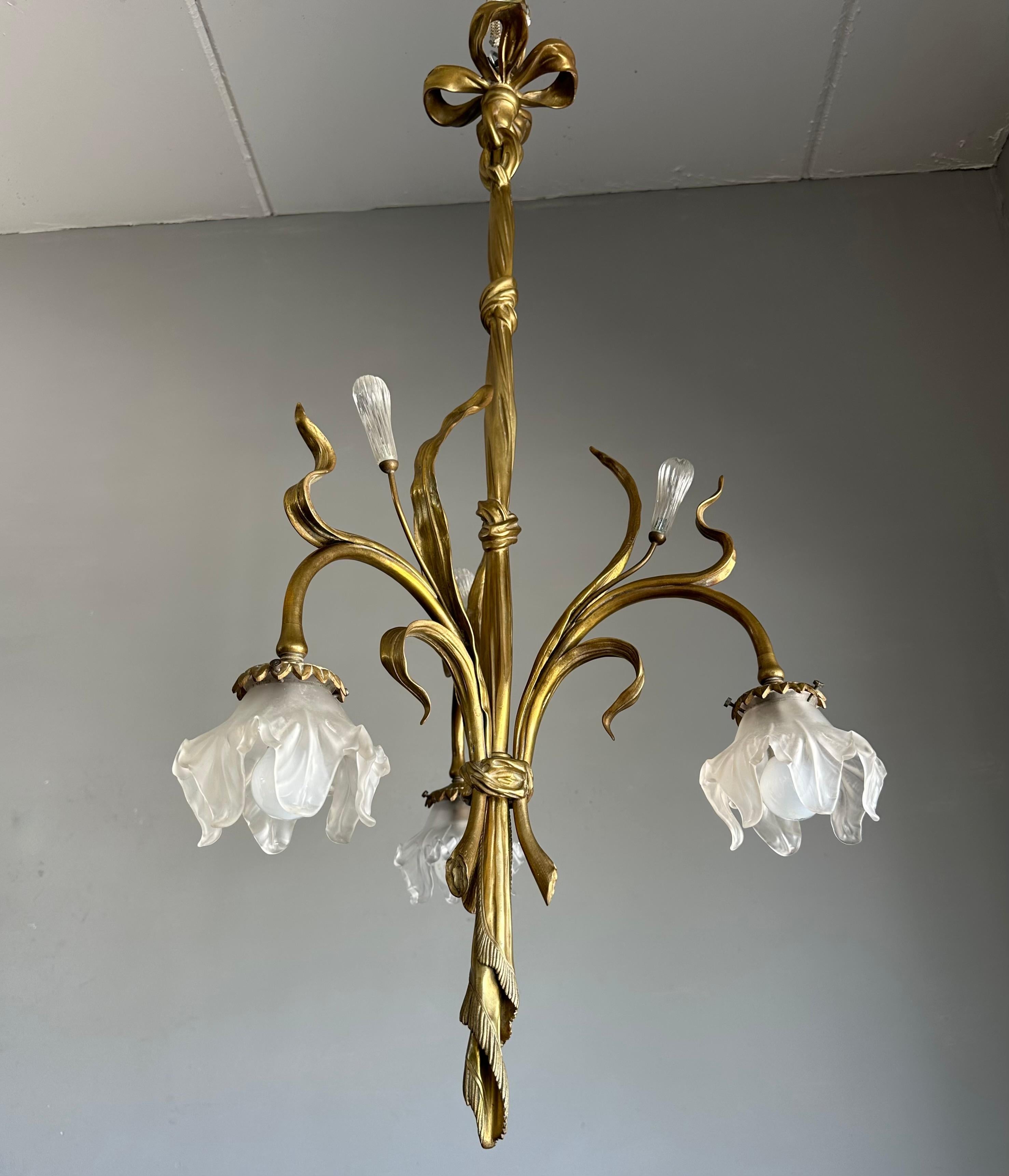 French Large & Organic Design Bronze Art Nouveau Chandelier with Glass Flower Shades For Sale