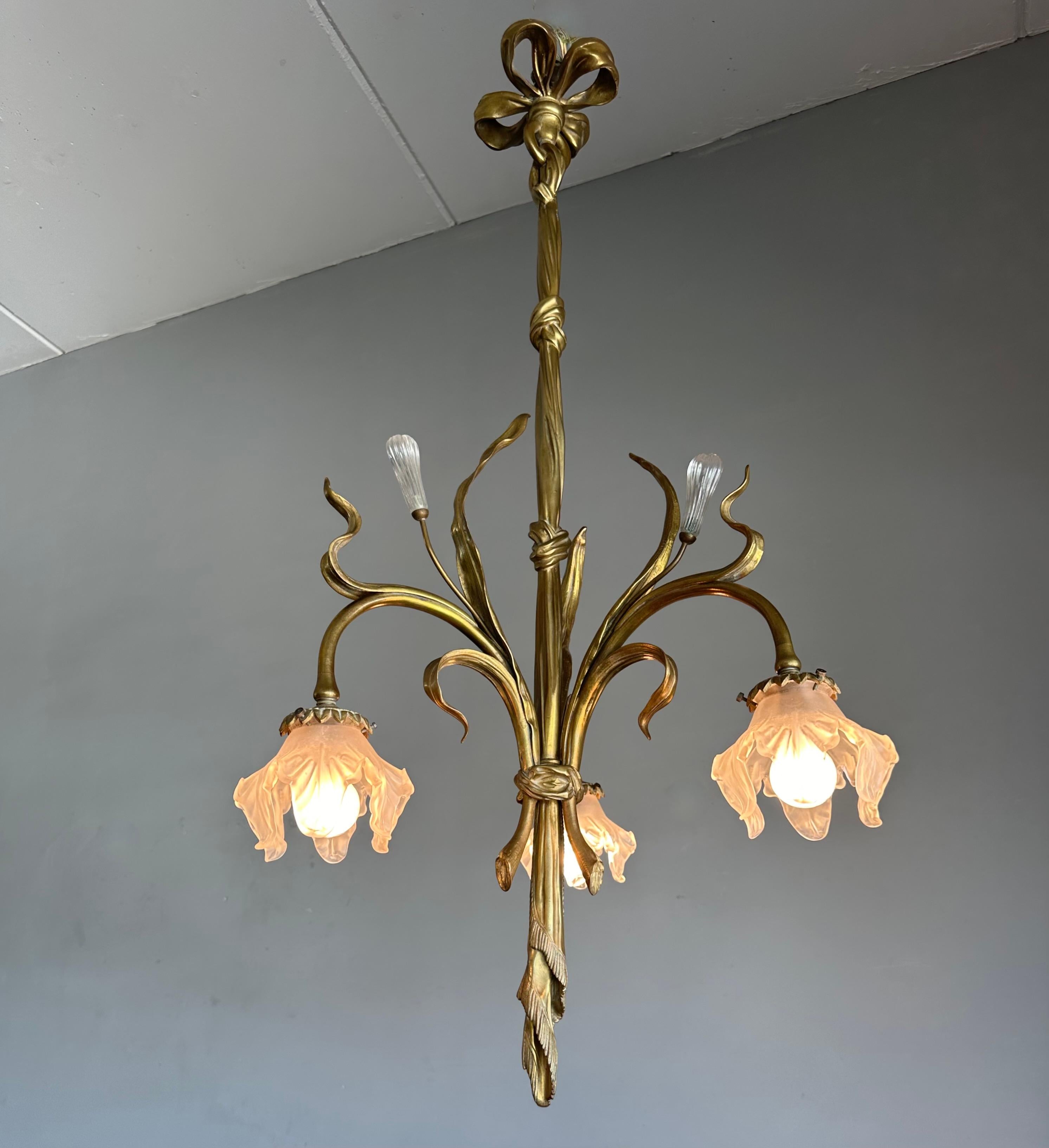 Cast Large & Organic Design Bronze Art Nouveau Chandelier with Glass Flower Shades For Sale