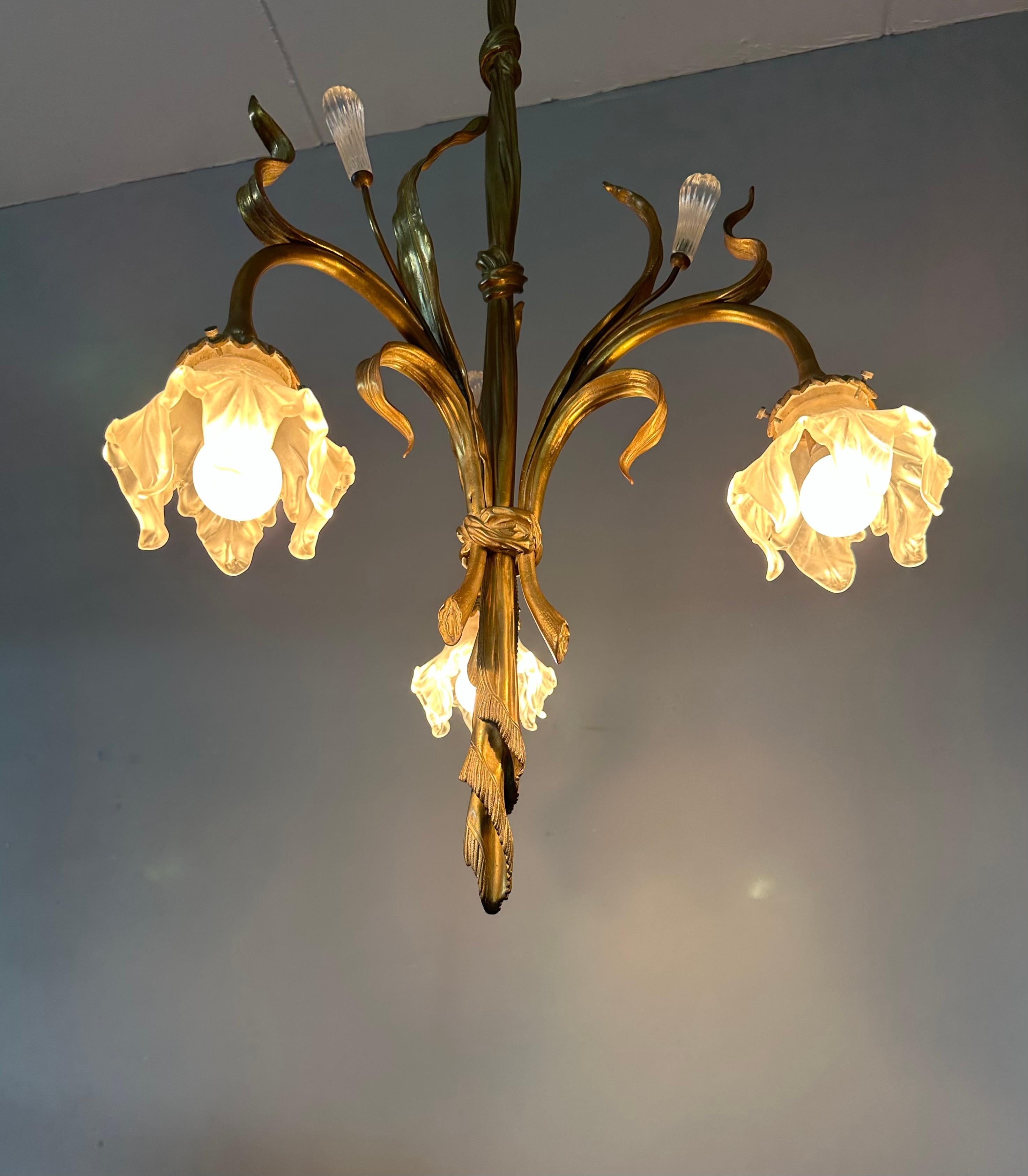20th Century Large & Organic Design Bronze Art Nouveau Chandelier with Glass Flower Shades For Sale