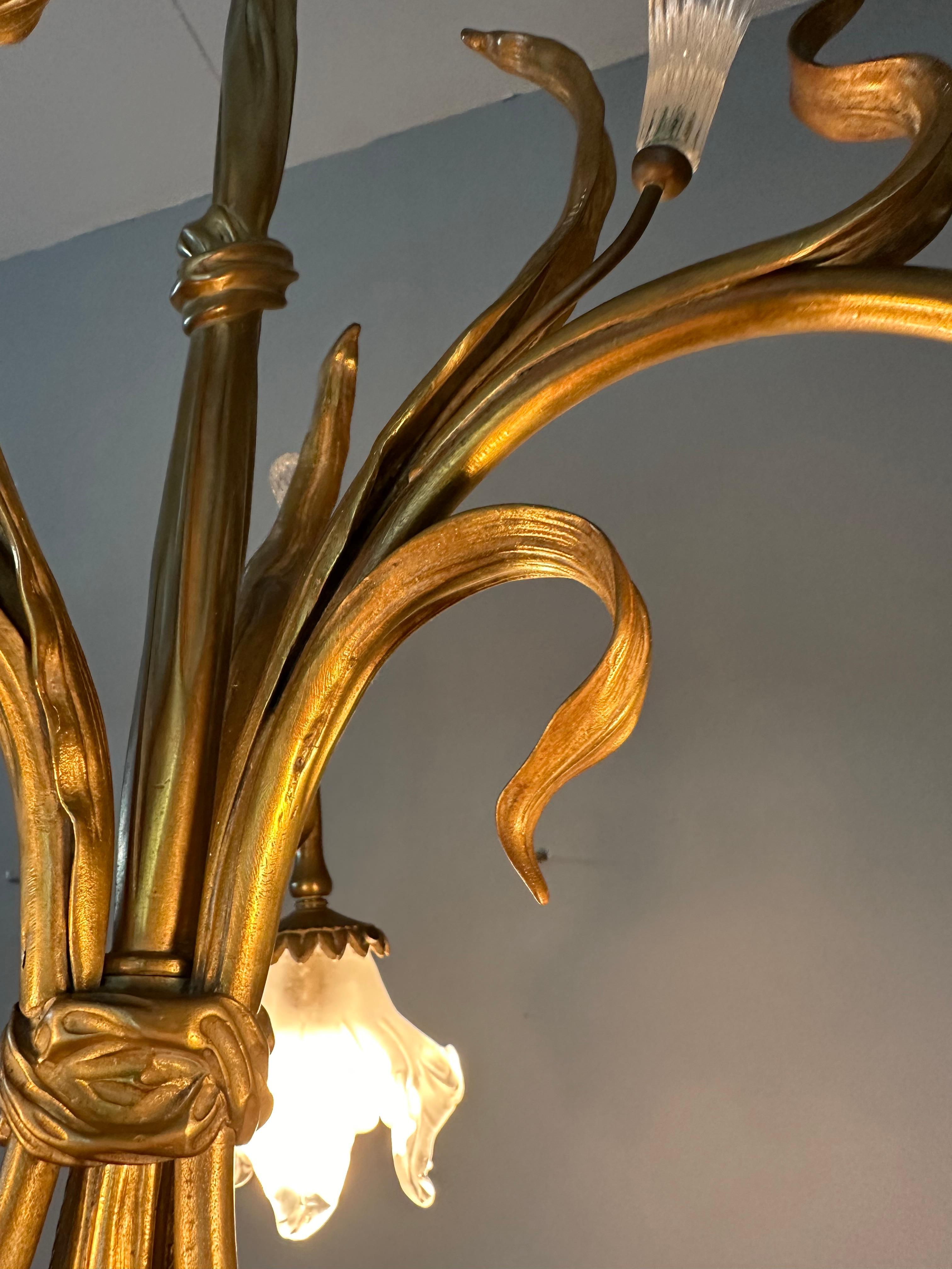 Large & Organic Design Bronze Art Nouveau Chandelier with Glass Flower Shades For Sale 2