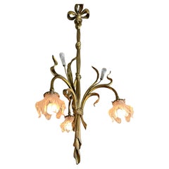Large & Organic Design Bronze Art Nouveau Chandelier with Glass Flower Shades