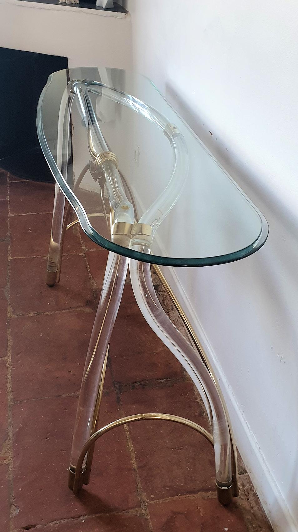 Large Organic Glass Brass & Lucite Mid-Century Modern Console Table, Spain 1970s 4