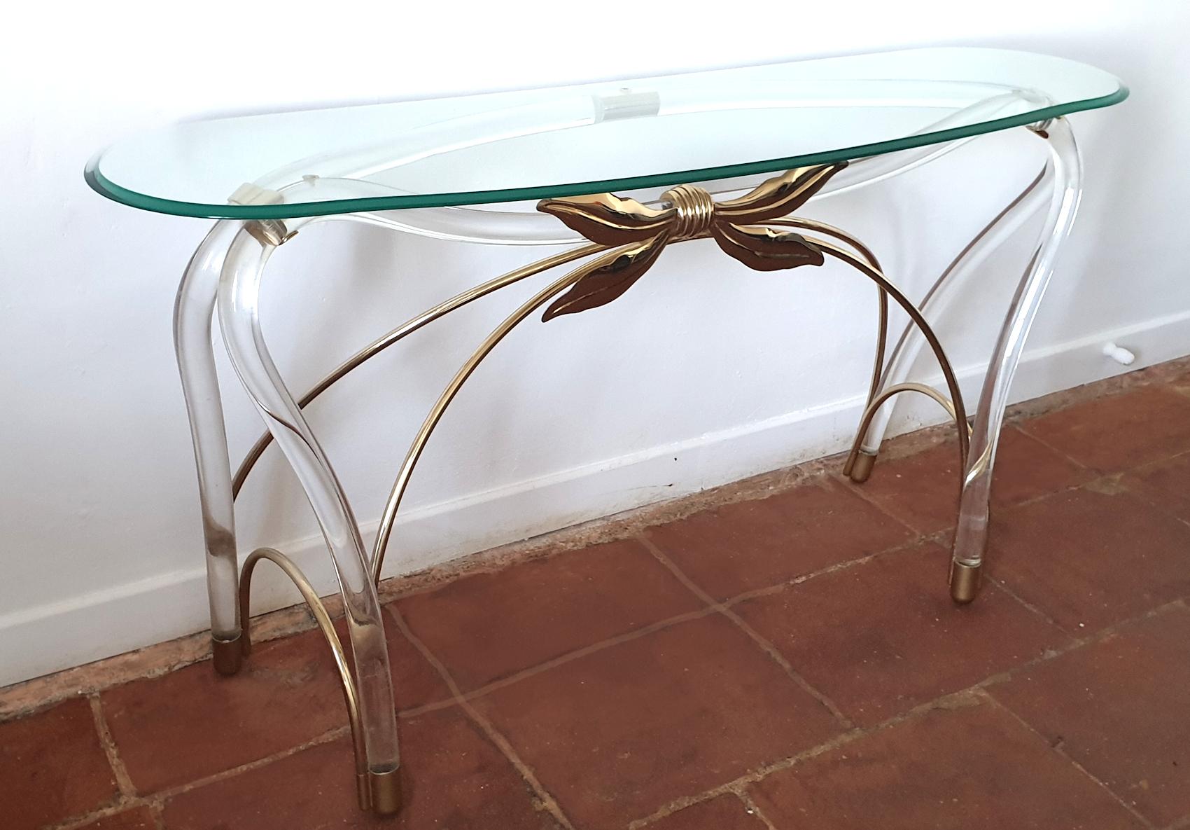 Spanish Large Organic Glass Brass & Lucite Mid-Century Modern Console Table, Spain 1970s