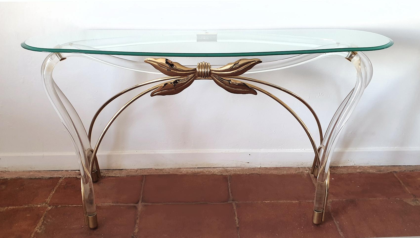 Beveled Large Organic Glass Brass & Lucite Mid-Century Modern Console Table, Spain 1970s