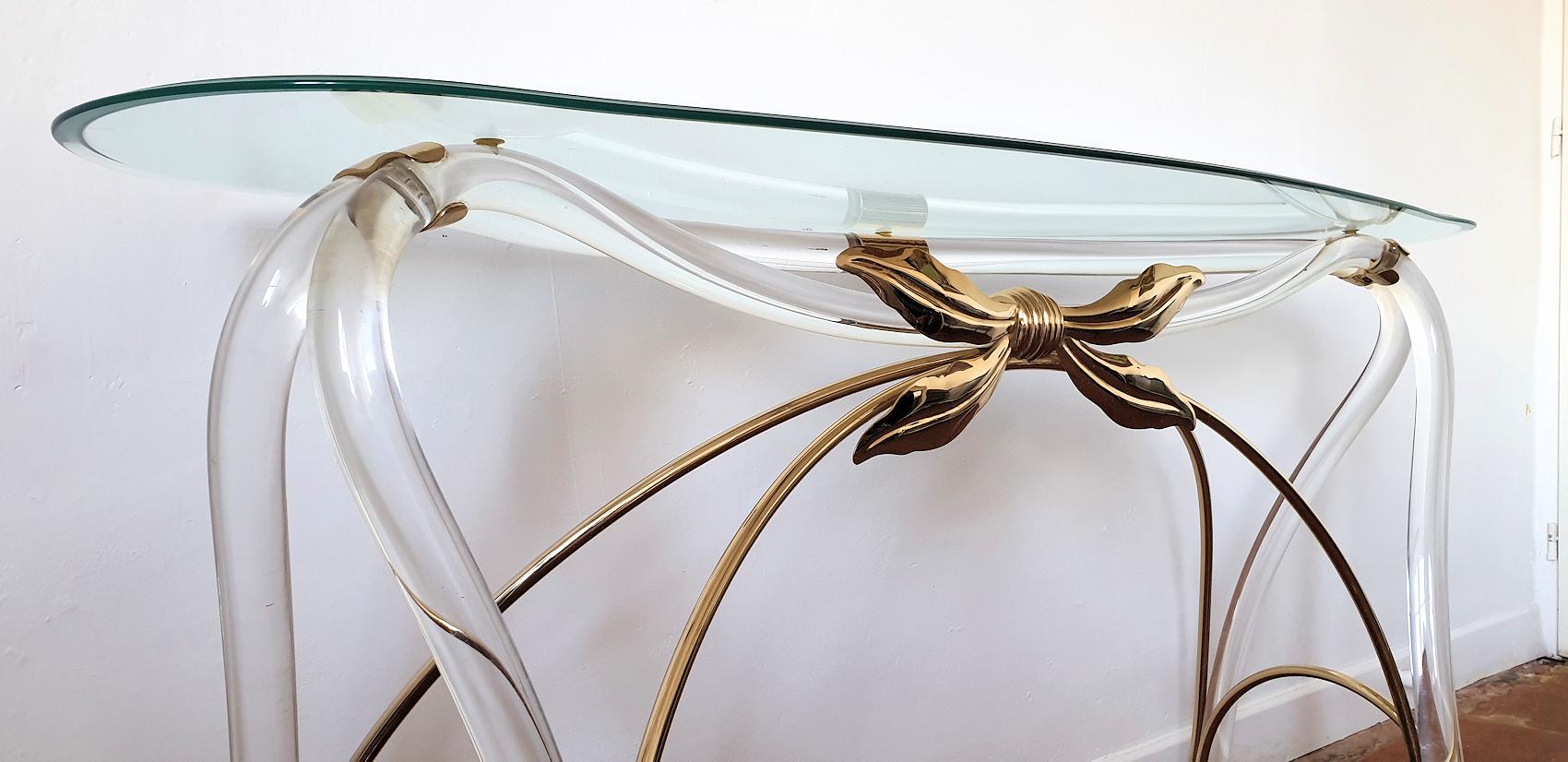 Large Organic Glass Brass & Lucite Mid-Century Modern Console Table, Spain 1970s 1