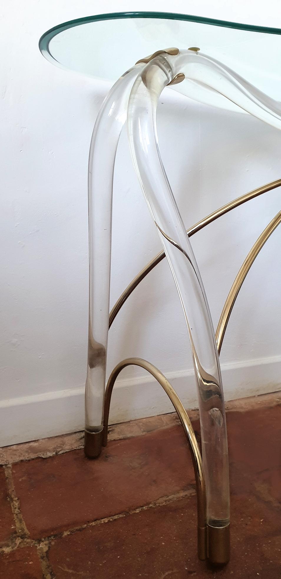 Large Organic Glass Brass & Lucite Mid-Century Modern Console Table, Spain 1970s 2