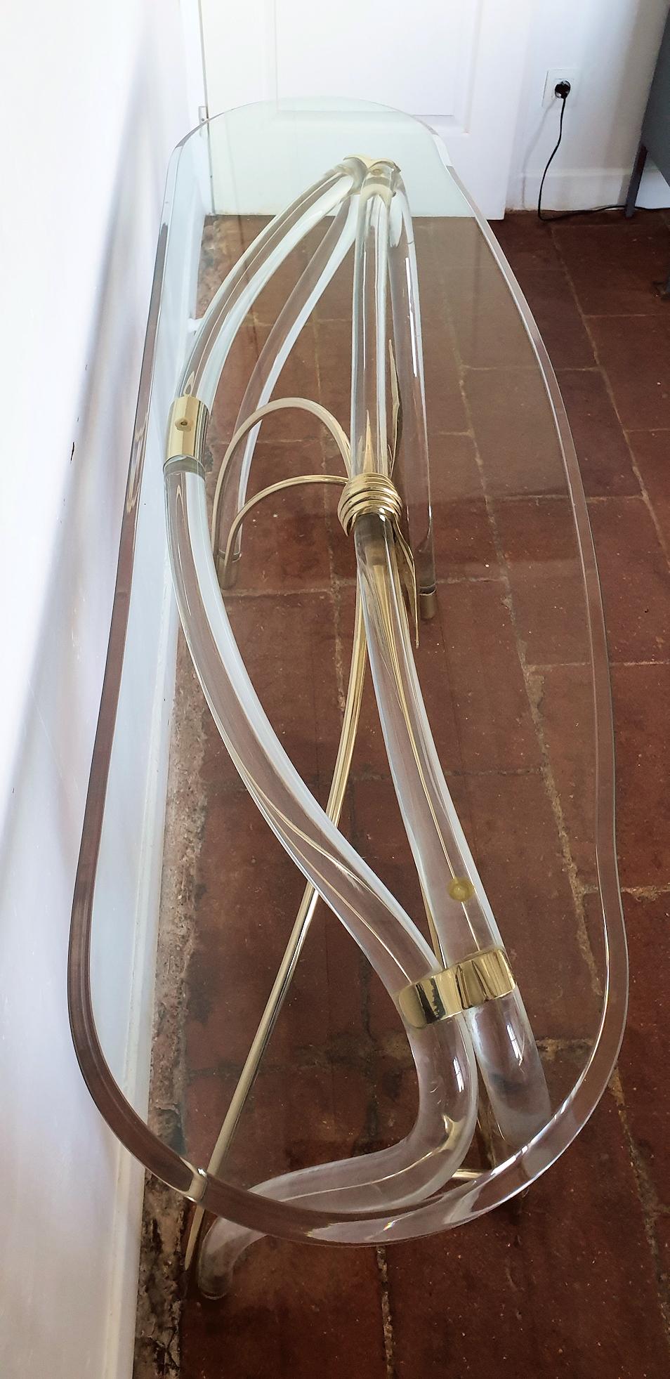Large Organic Glass Brass & Lucite Mid-Century Modern Console Table, Spain 1970s 3