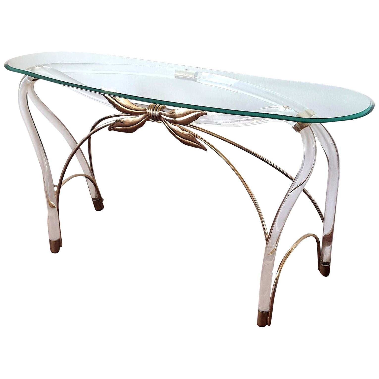 Large Organic Glass Brass & Lucite Mid-Century Modern Console Table, Spain 1970s