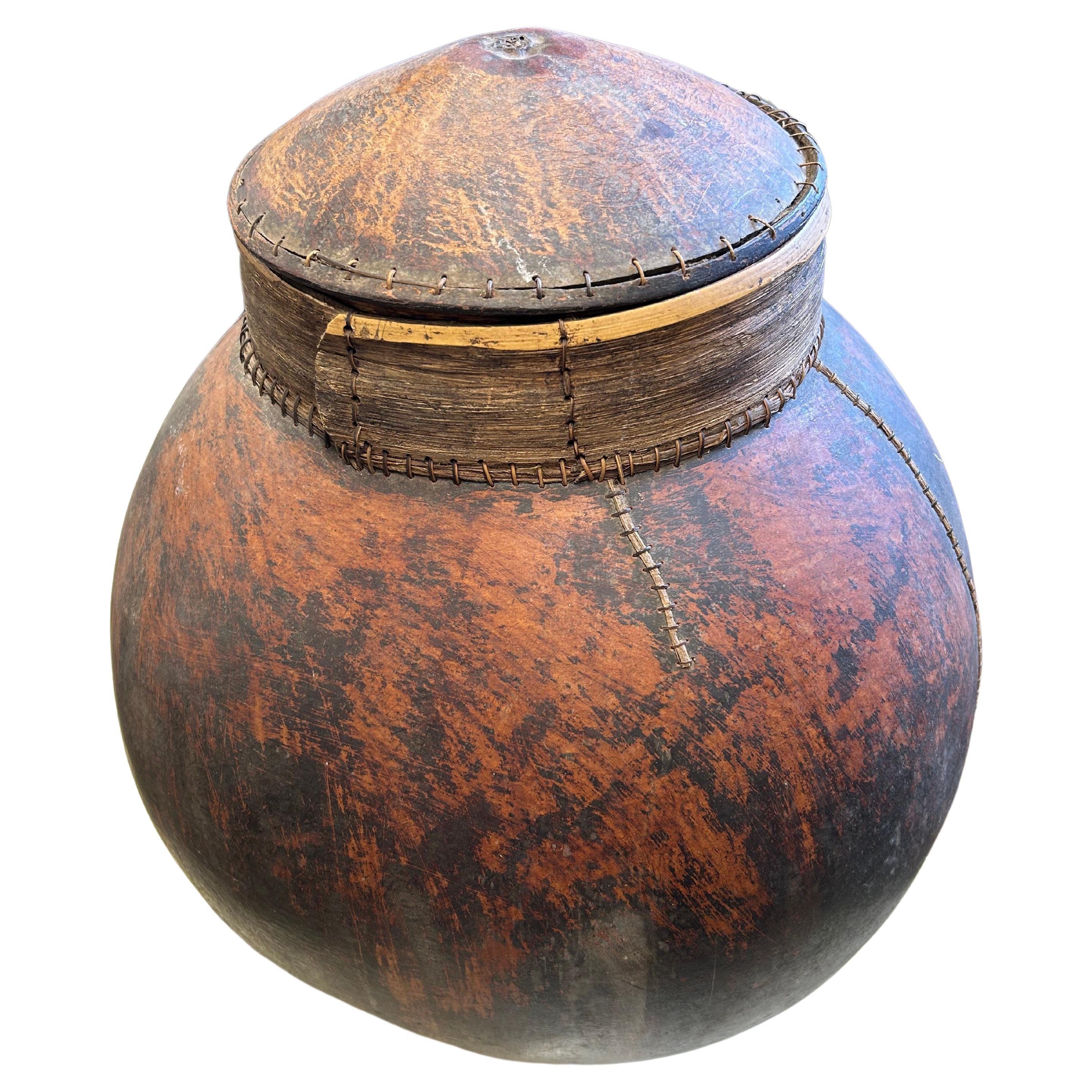 Large Organic Lidded African Gourd Vessel Urn