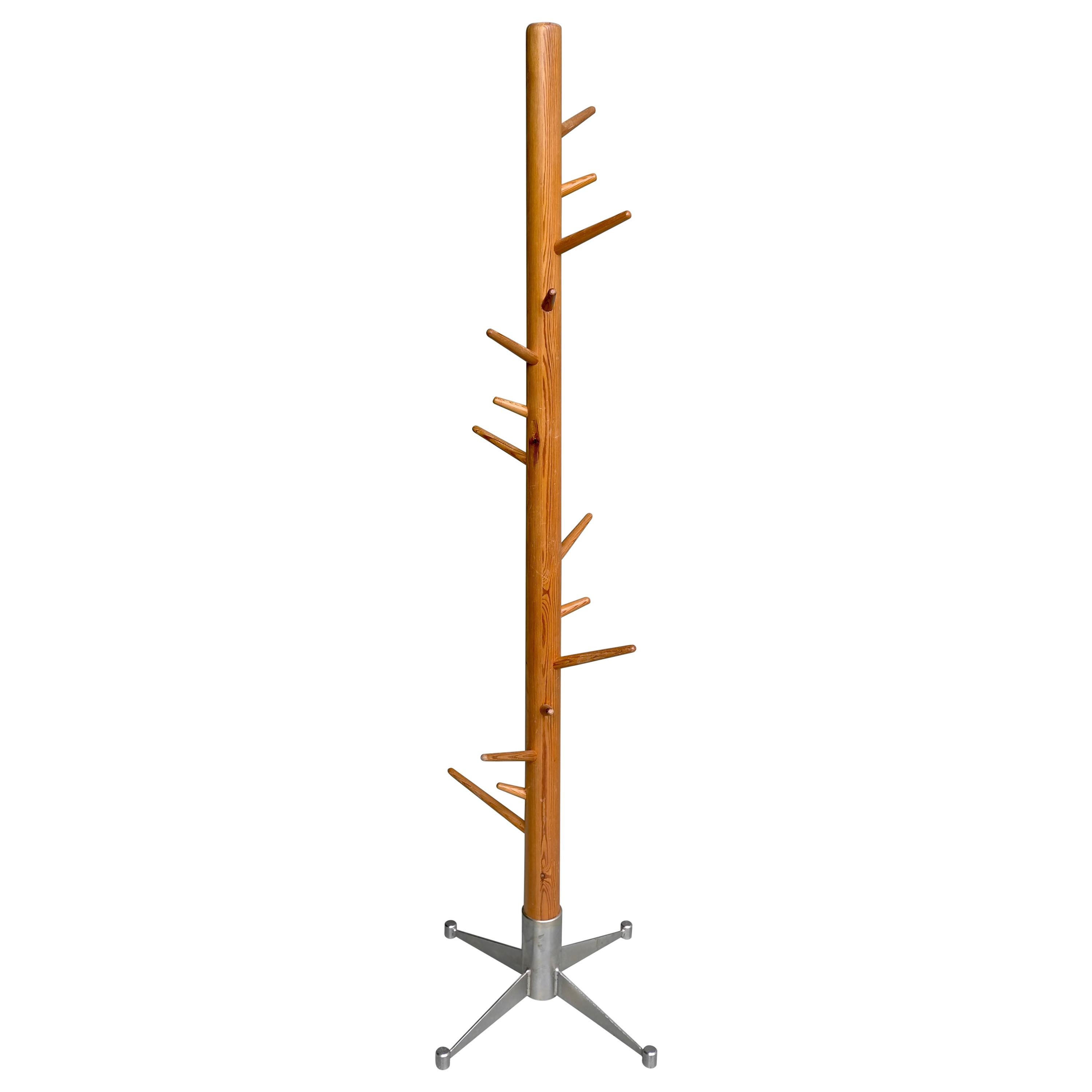Large Organic Midcentury Coat Stand in Solid Pine with Metal Base, Sweden, 1960