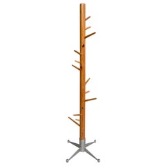 Vintage Large Organic Midcentury Coat Stand in Solid Pine with Metal Base, Sweden, 1960