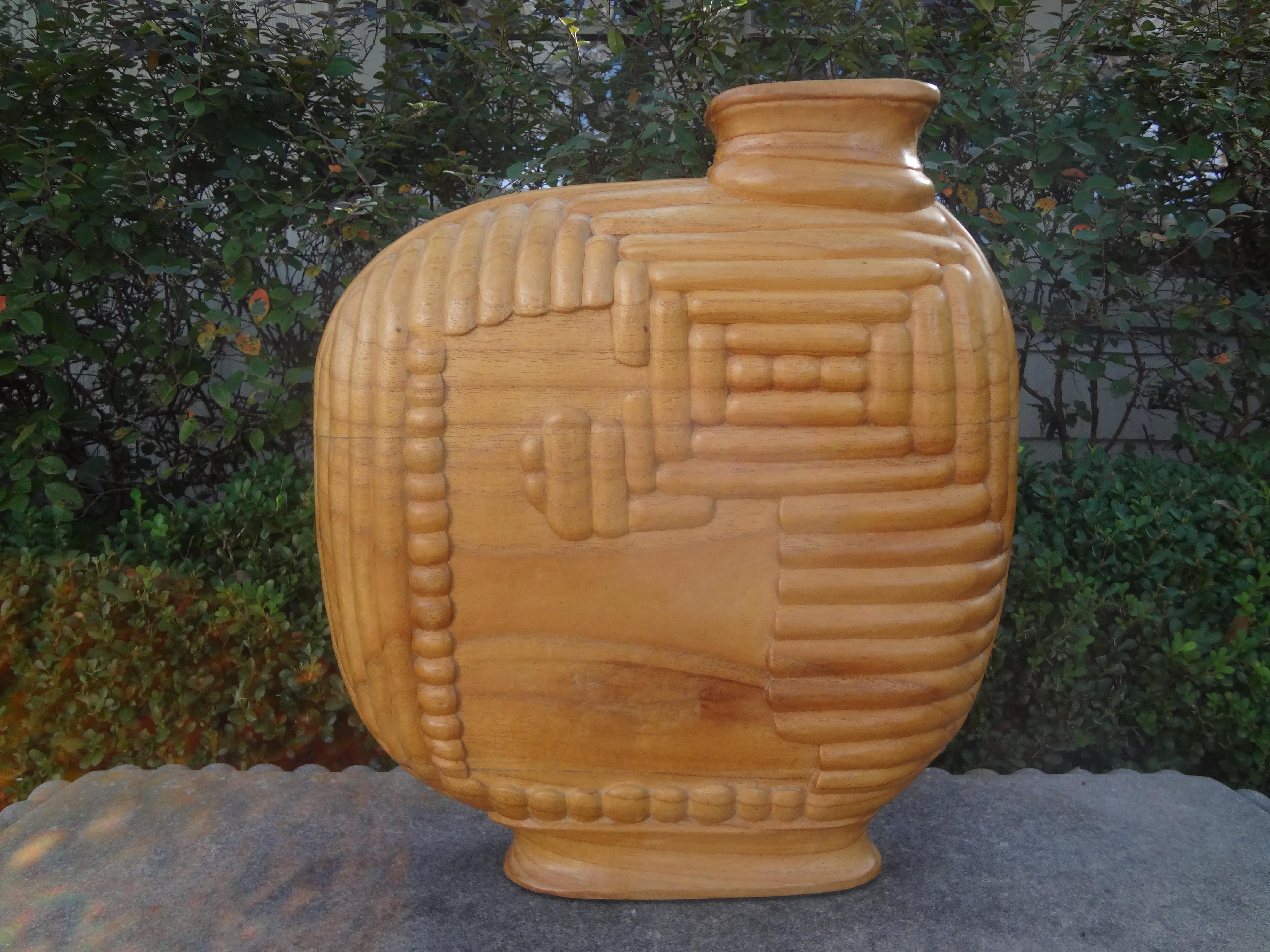 Large vintage sculptural organic modern carved wood vase or vessel.
 Statement accessory!.