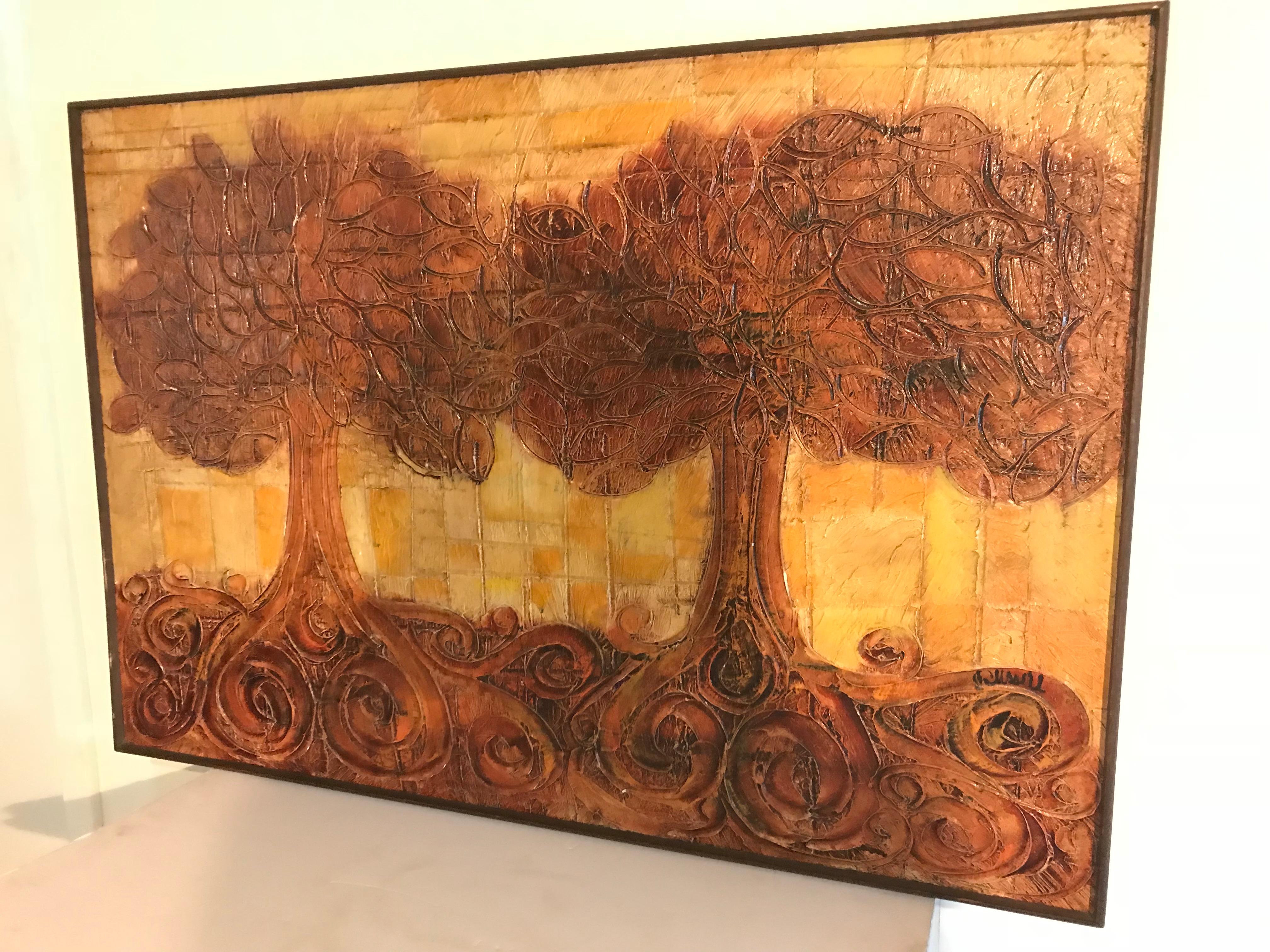 Mid-Century Modern Large Organic Painting of Trees