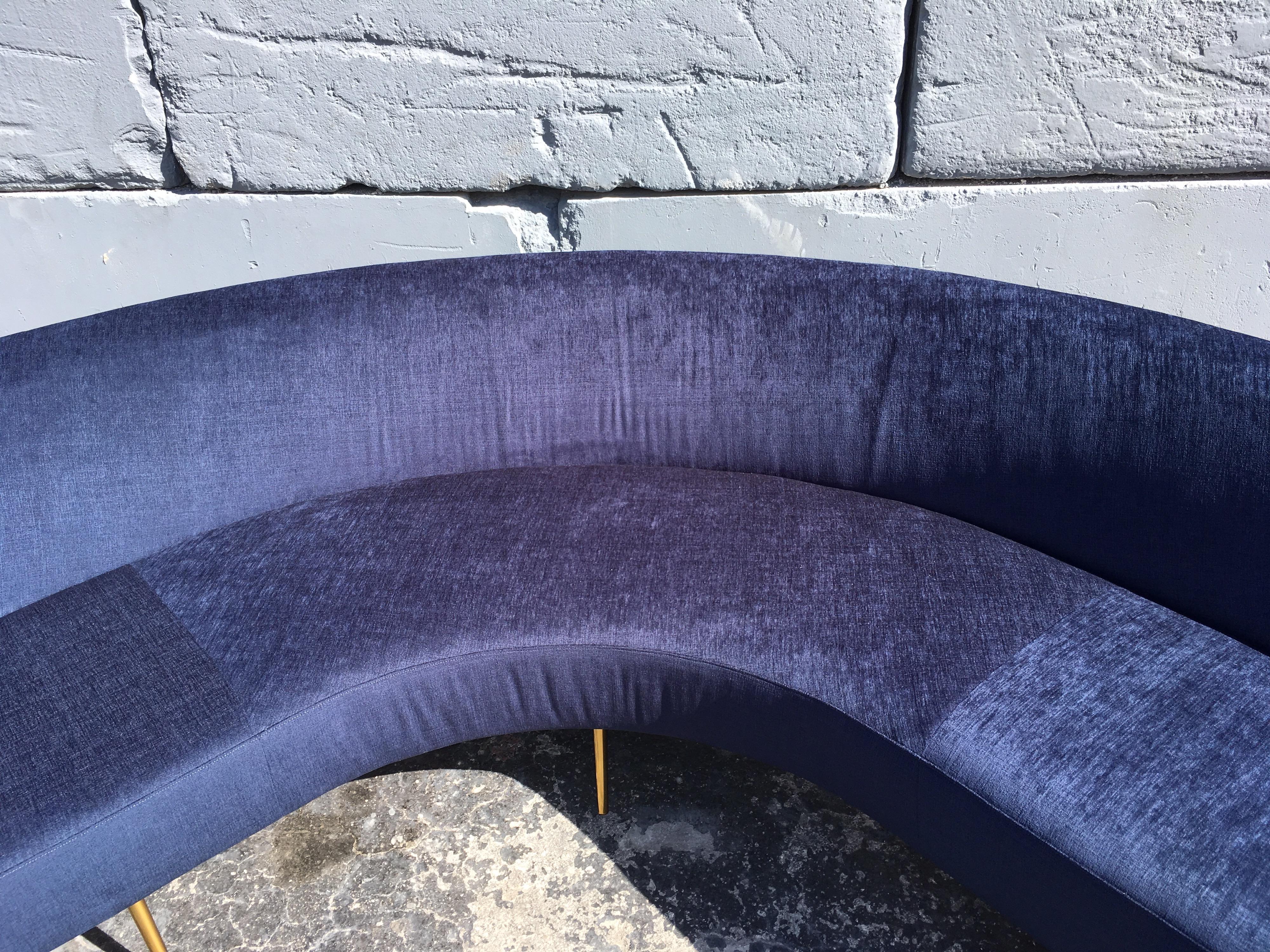 Large Organic Sofa in the Style of Gio Ponti, Brass and Dark Blue Fabric 4