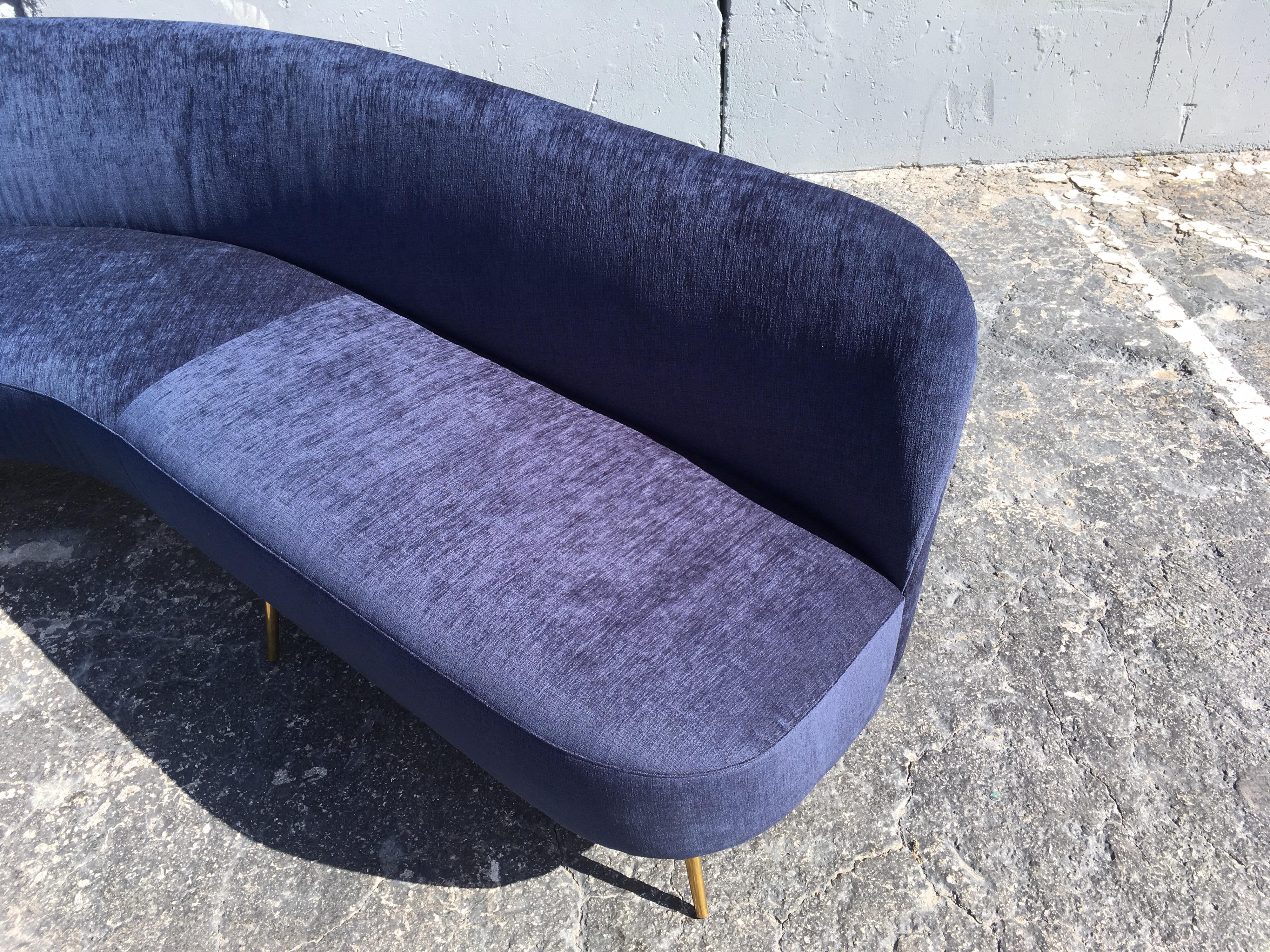 Large Organic Sofa in the Style of Gio Ponti, Brass and Dark Blue Fabric 5