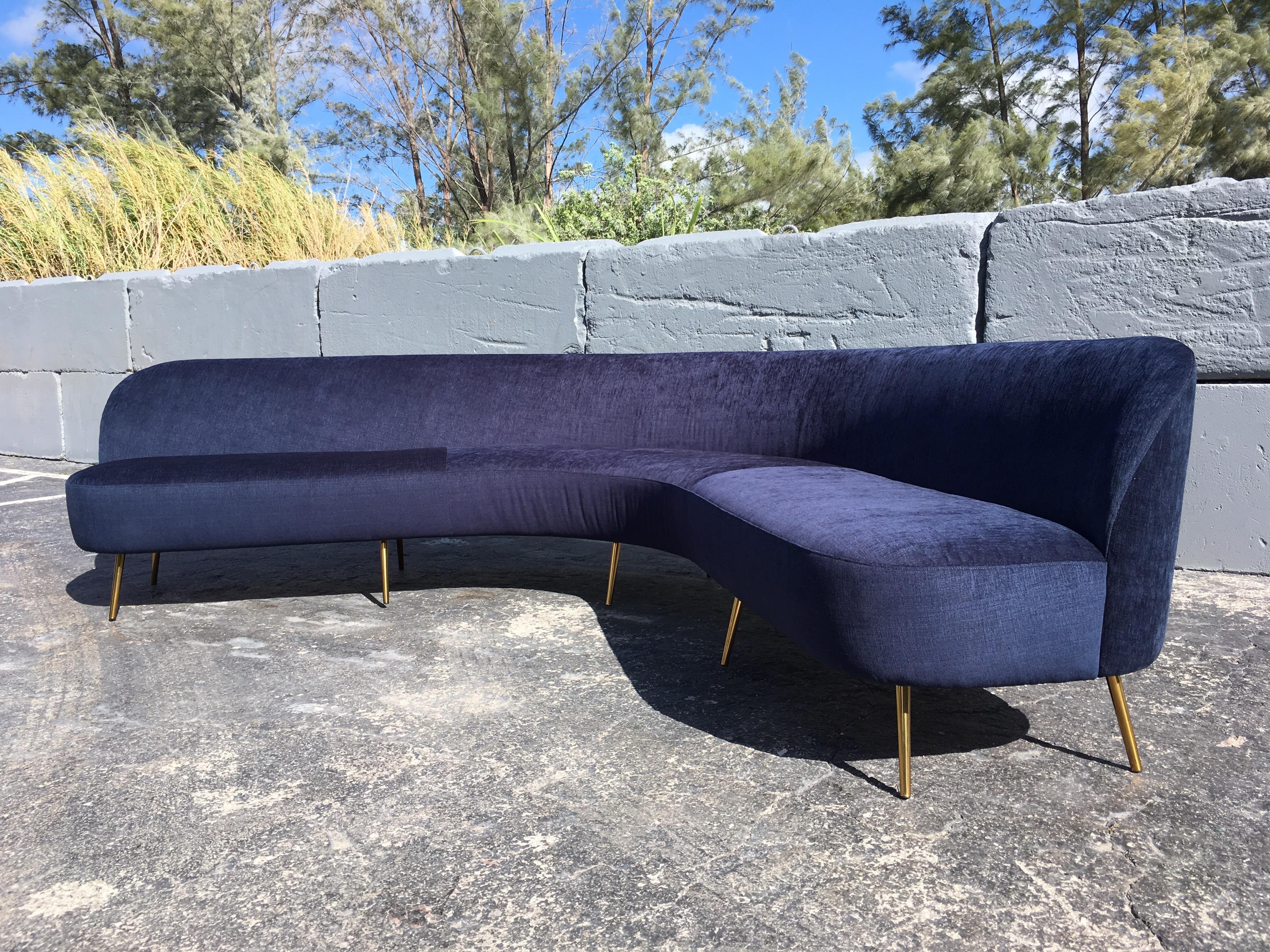 Large Organic Sofa in the Style of Gio Ponti, Brass and Dark Blue Fabric 6