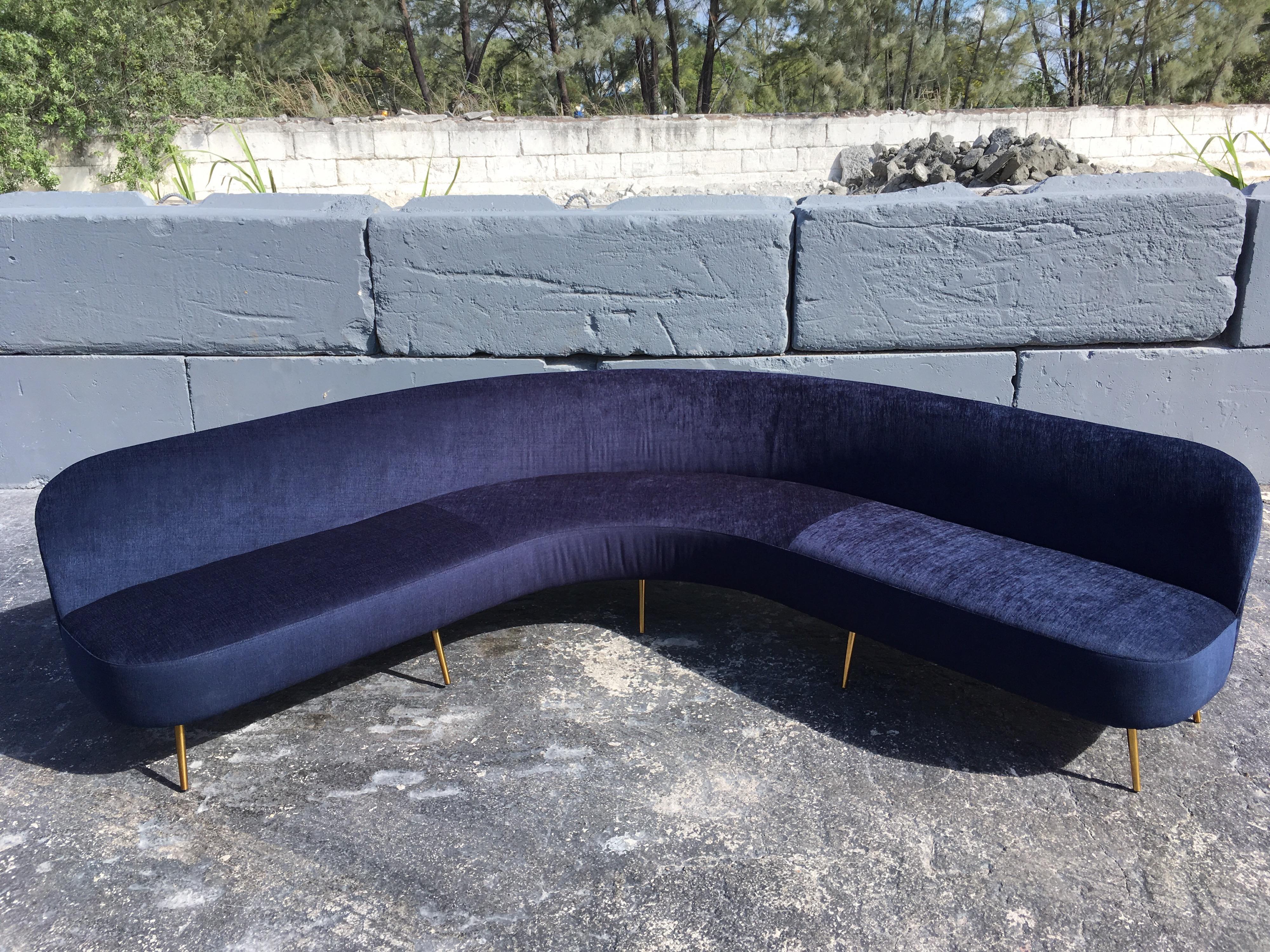 Modern Large Organic Sofa in the Style of Gio Ponti, Brass and Dark Blue Fabric