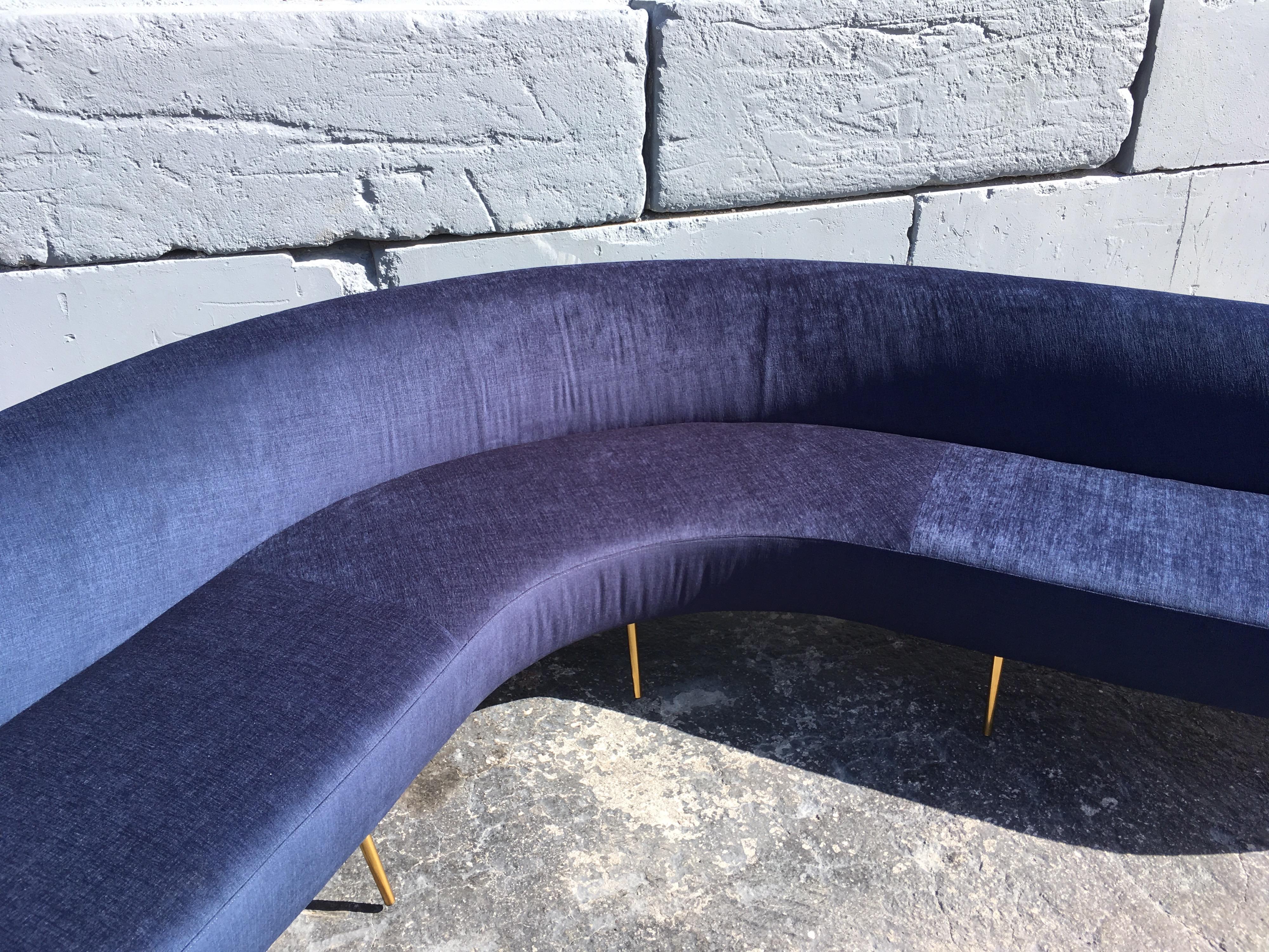 Large Organic Sofa in the Style of Gio Ponti, Brass and Dark Blue Fabric 2
