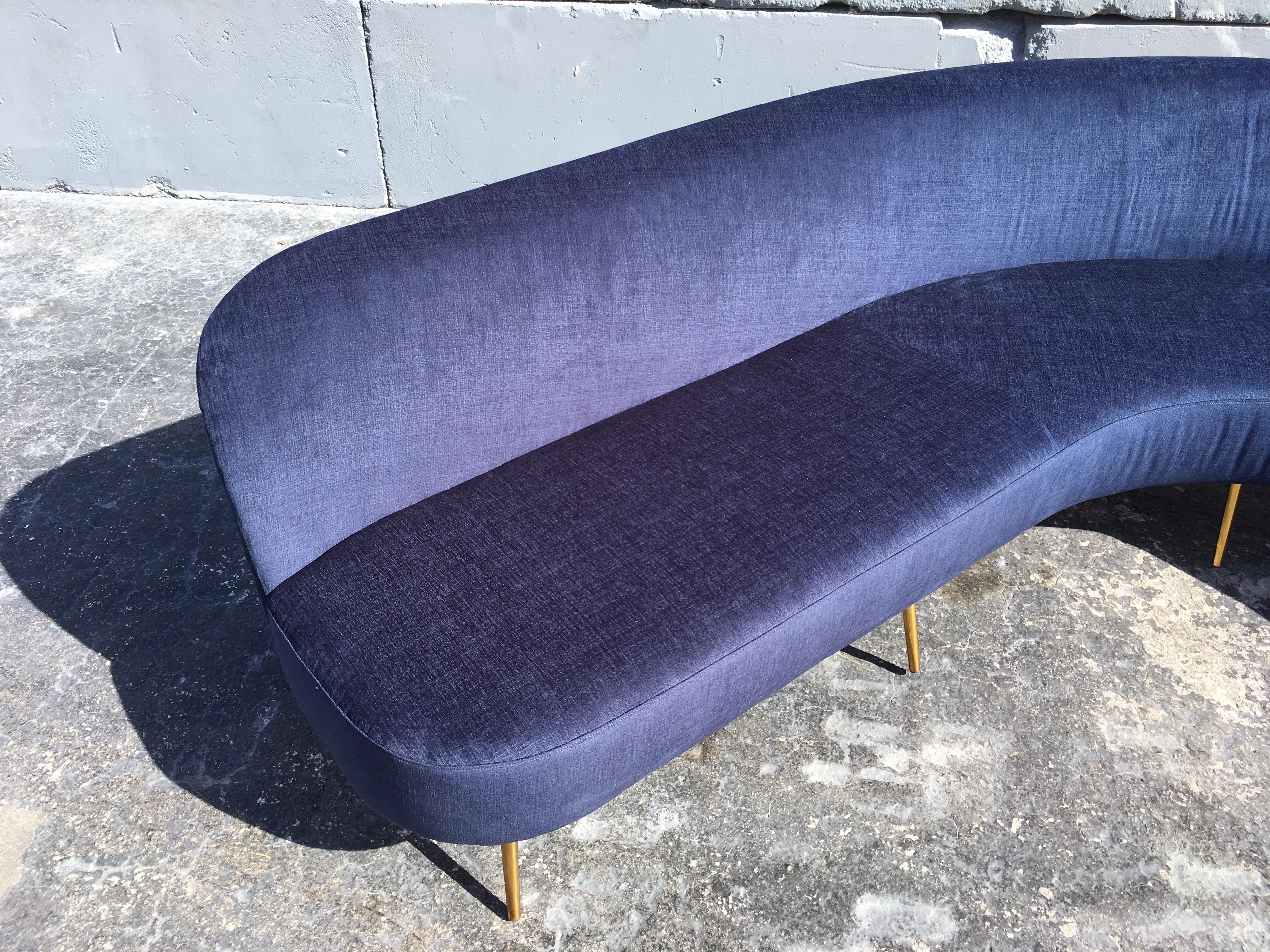 Large Organic Sofa in the Style of Gio Ponti, Brass and Dark Blue Fabric 3