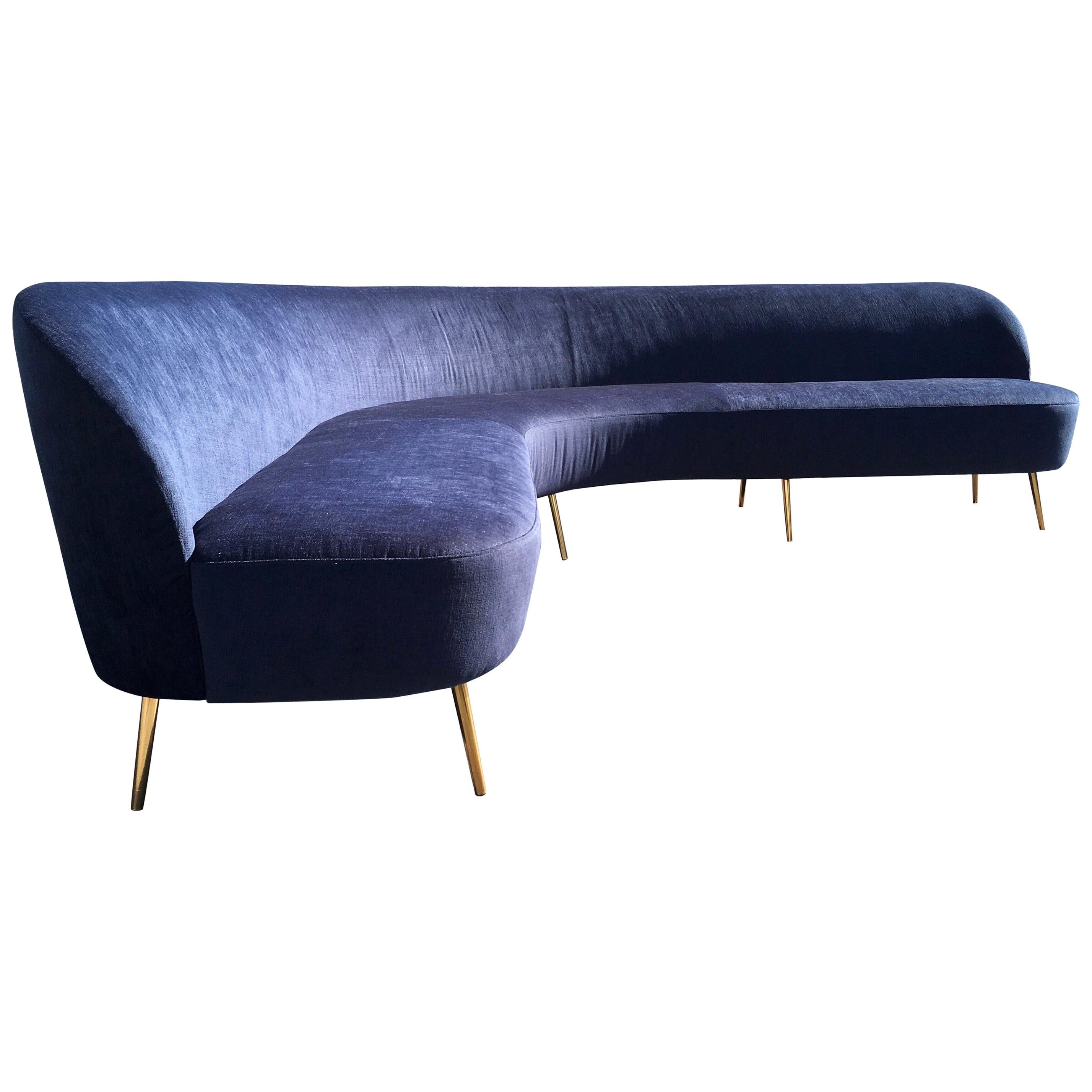 Large Organic Sofa in the Style of Gio Ponti, Brass and Dark Blue Fabric