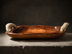 Large Organic Spanish Olive Wood Centerpiece Bowl with Genuine Cow Horn Handles