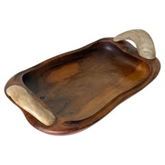 Large Organic Spanish Olive Wood Centerpiece Bowl with Genuine Cow Horn Handles