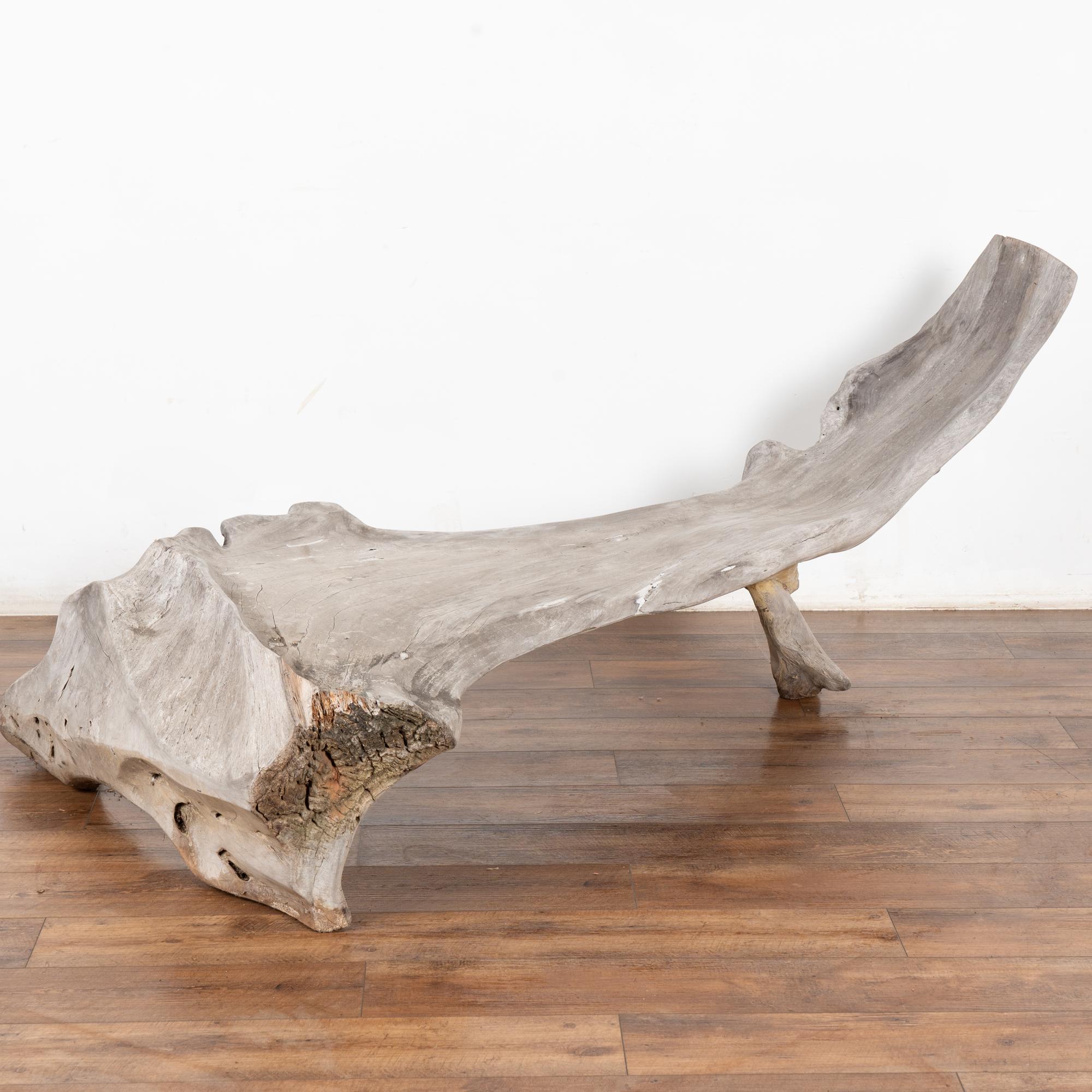 Worn and weathered through the elements, the seat of this teak root bench is one solid piece of wood, with the left end curving downward creating the leg.
While it serves well as an outdoor bench, it may also be viewed as an organic sculpture of