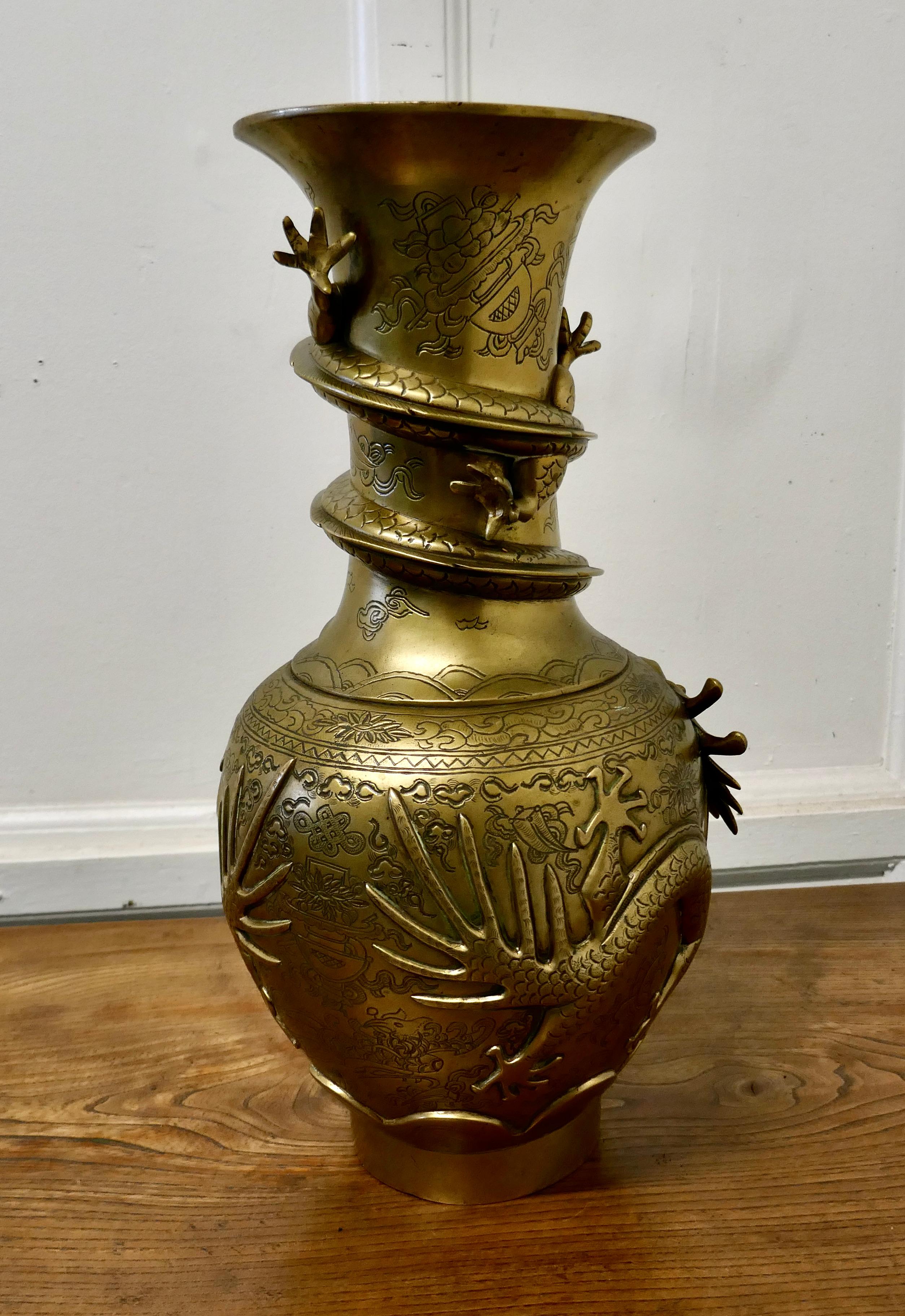 Chinoiserie Large Oriental 19th Century Decorated Brass Vase For Sale