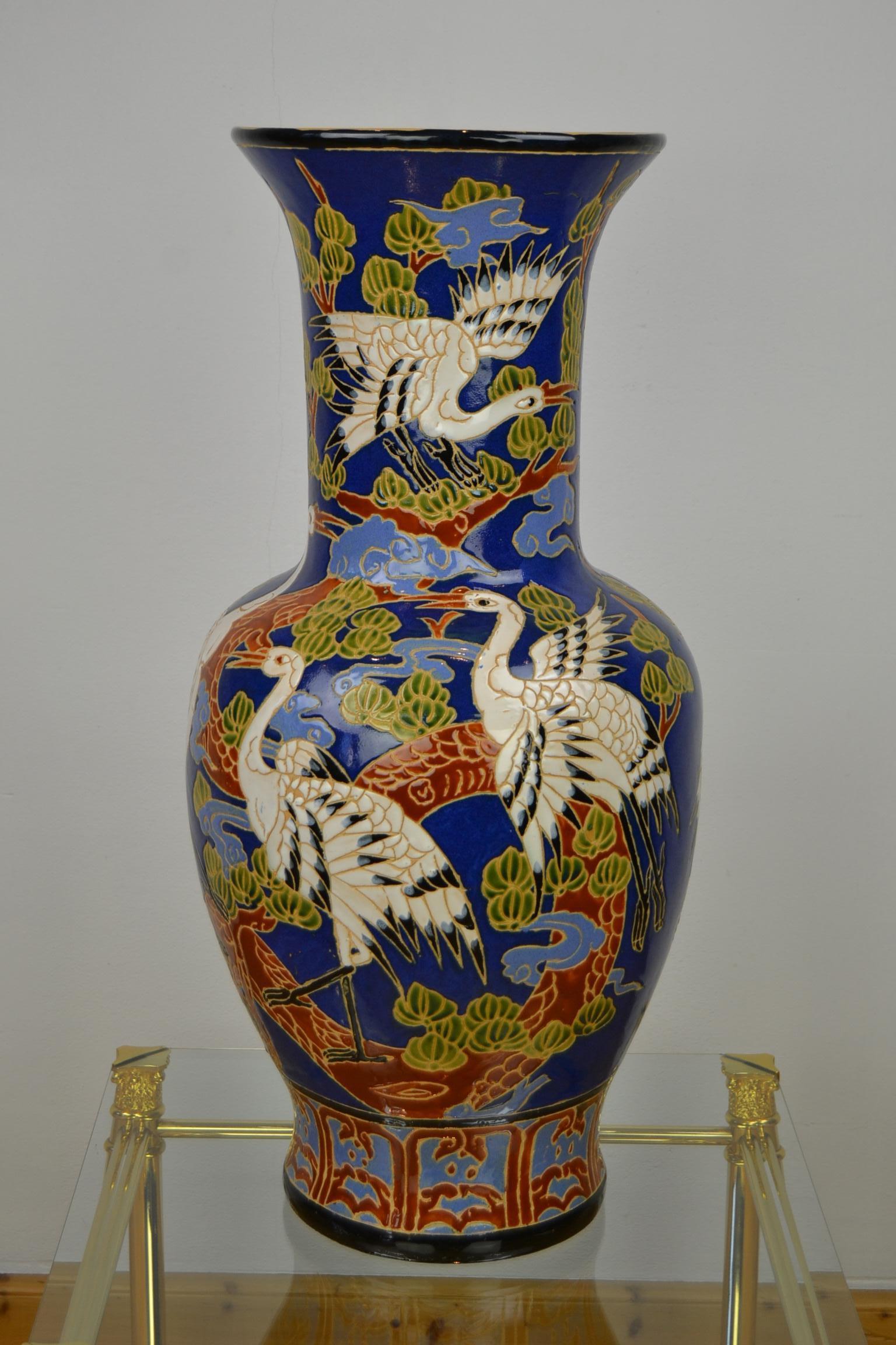 Large Blue Ceramic Vase with White Cranes at 1stDibs large blue and