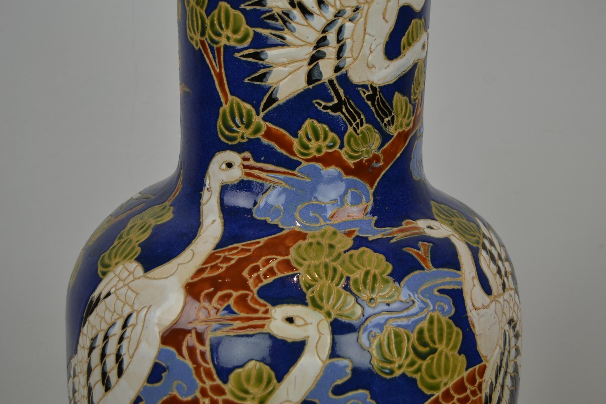 Modern Large Blue Ceramic Vase with White Cranes