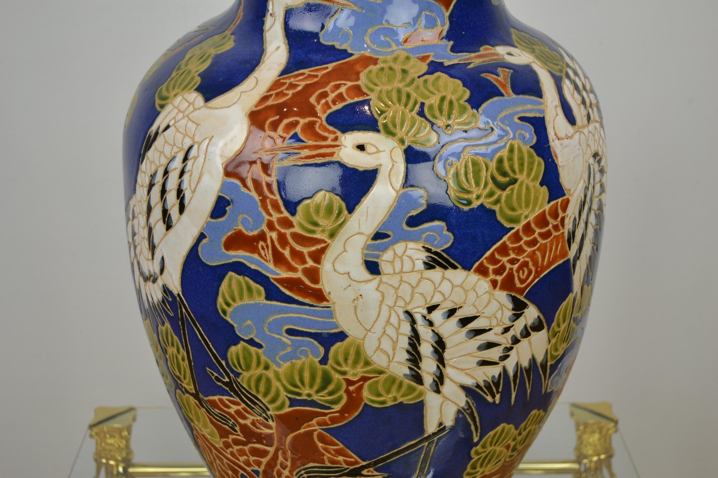 Unknown Large Blue Ceramic Vase with White Cranes