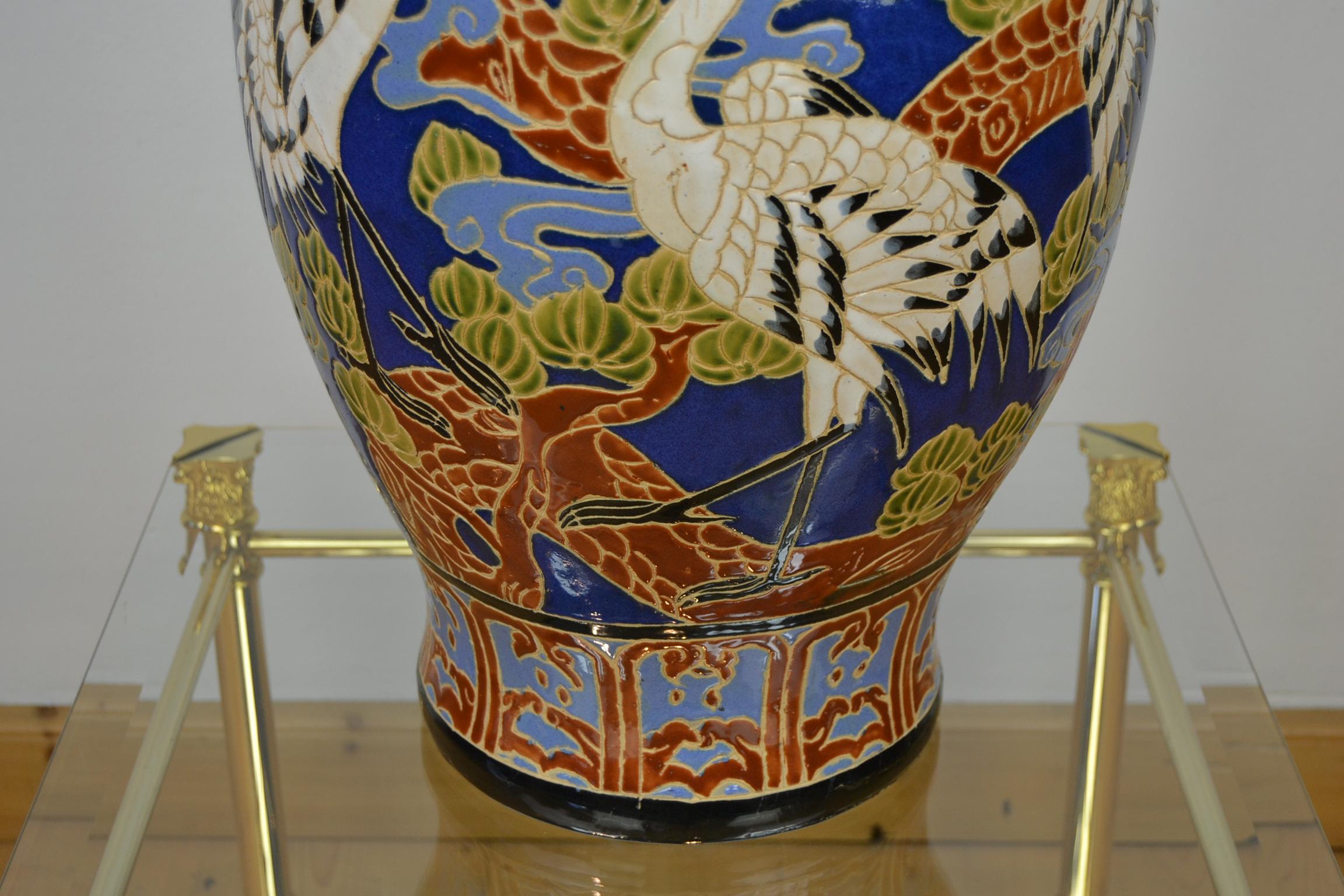 Large Blue Ceramic Vase with White Cranes In Good Condition In Antwerp, BE