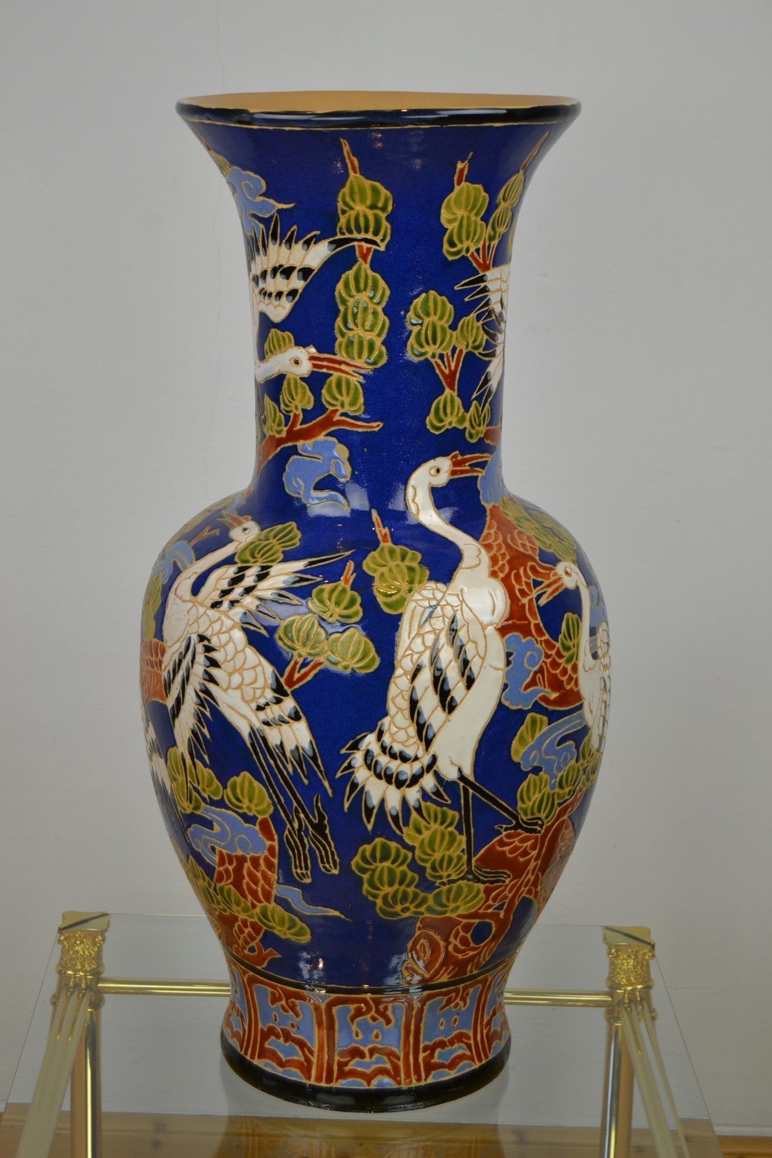 20th Century Large Blue Ceramic Vase with White Cranes