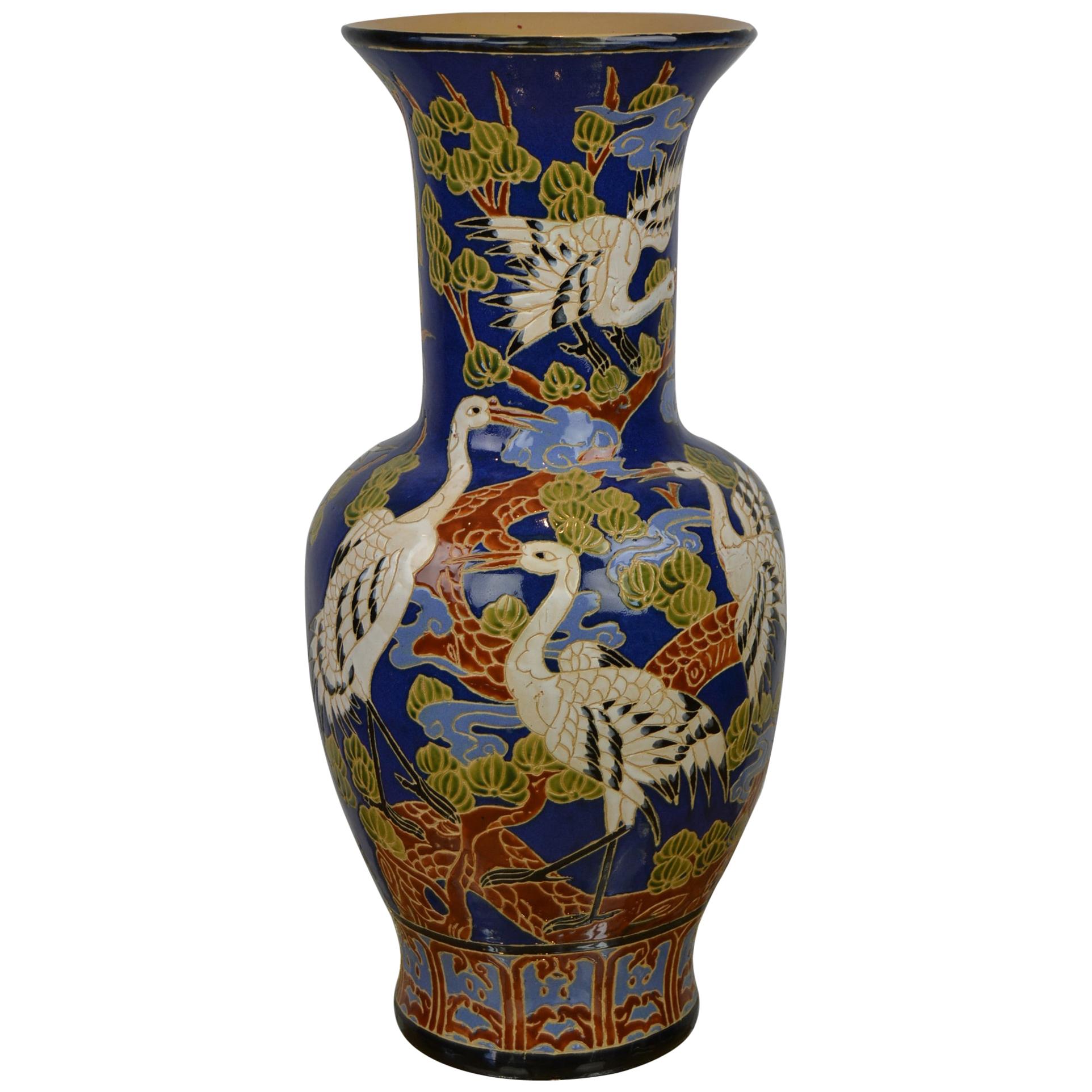 Large Blue Ceramic Vase with White Cranes