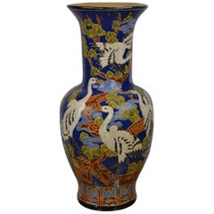 Retro Large Oriental Blue Ceramic Vase with White Crane Birds