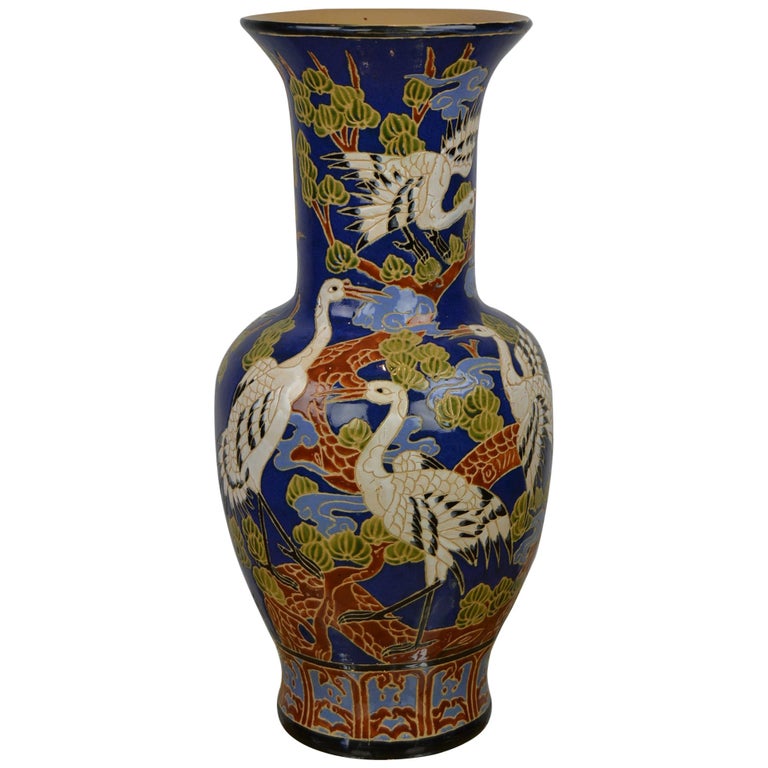 Large Oriental Blue Ceramic Vase with White Crane Birds For Sale at 1stDibs large oriental vases