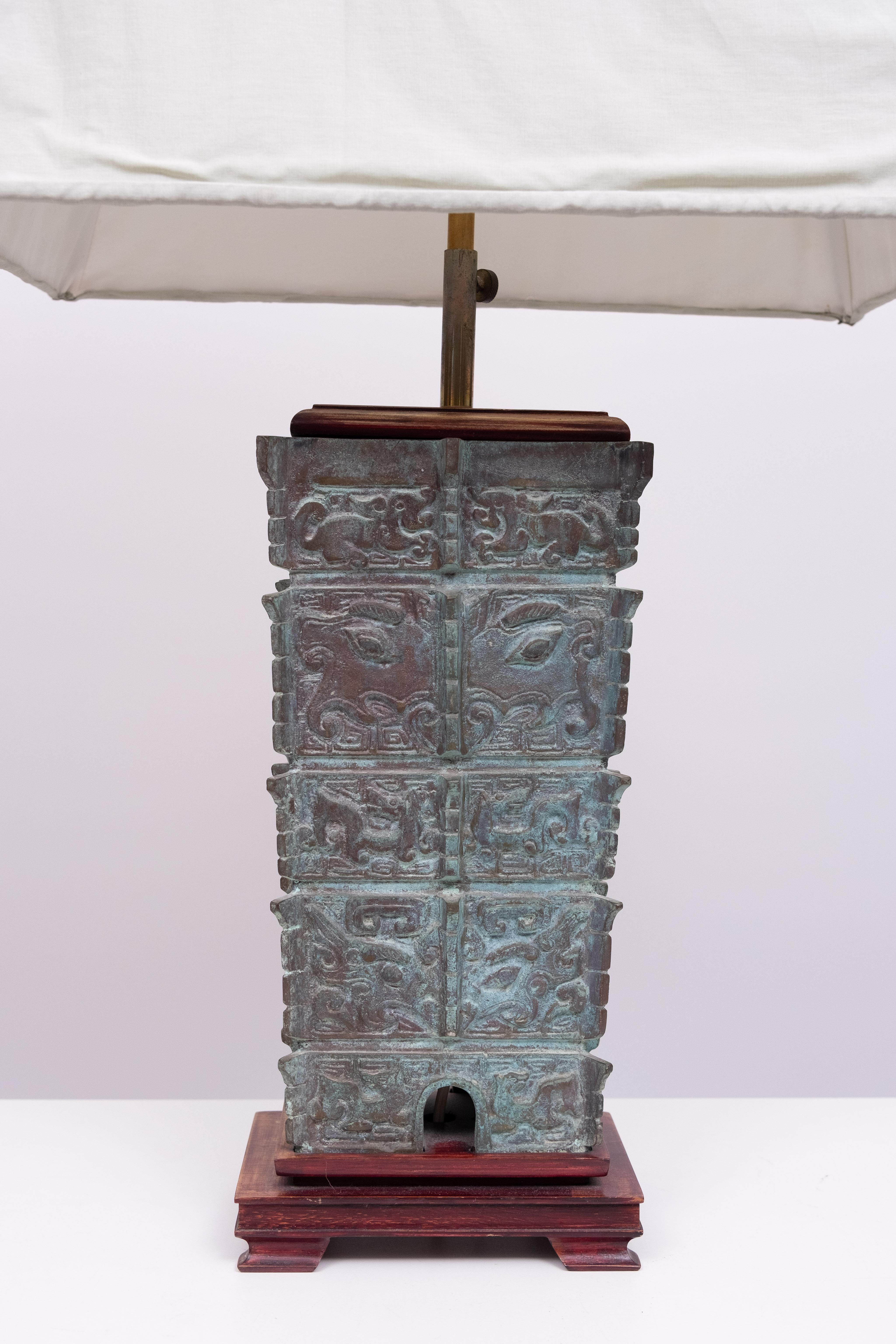 West Asian Large Oriental bronze Pagoda table lamp with Shade 1960s For Sale