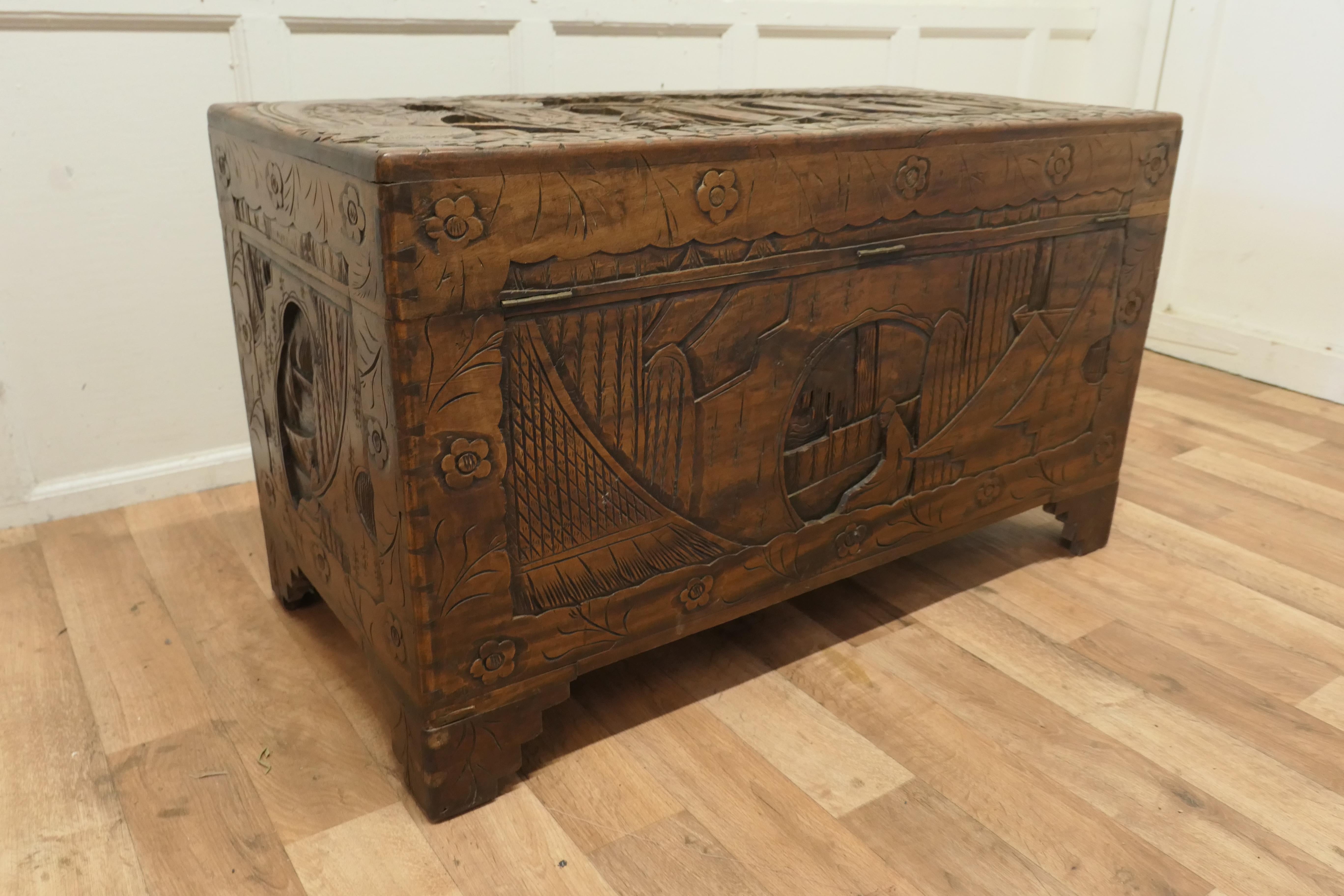 20th Century Large Oriental Carved Camphor Wood Chest