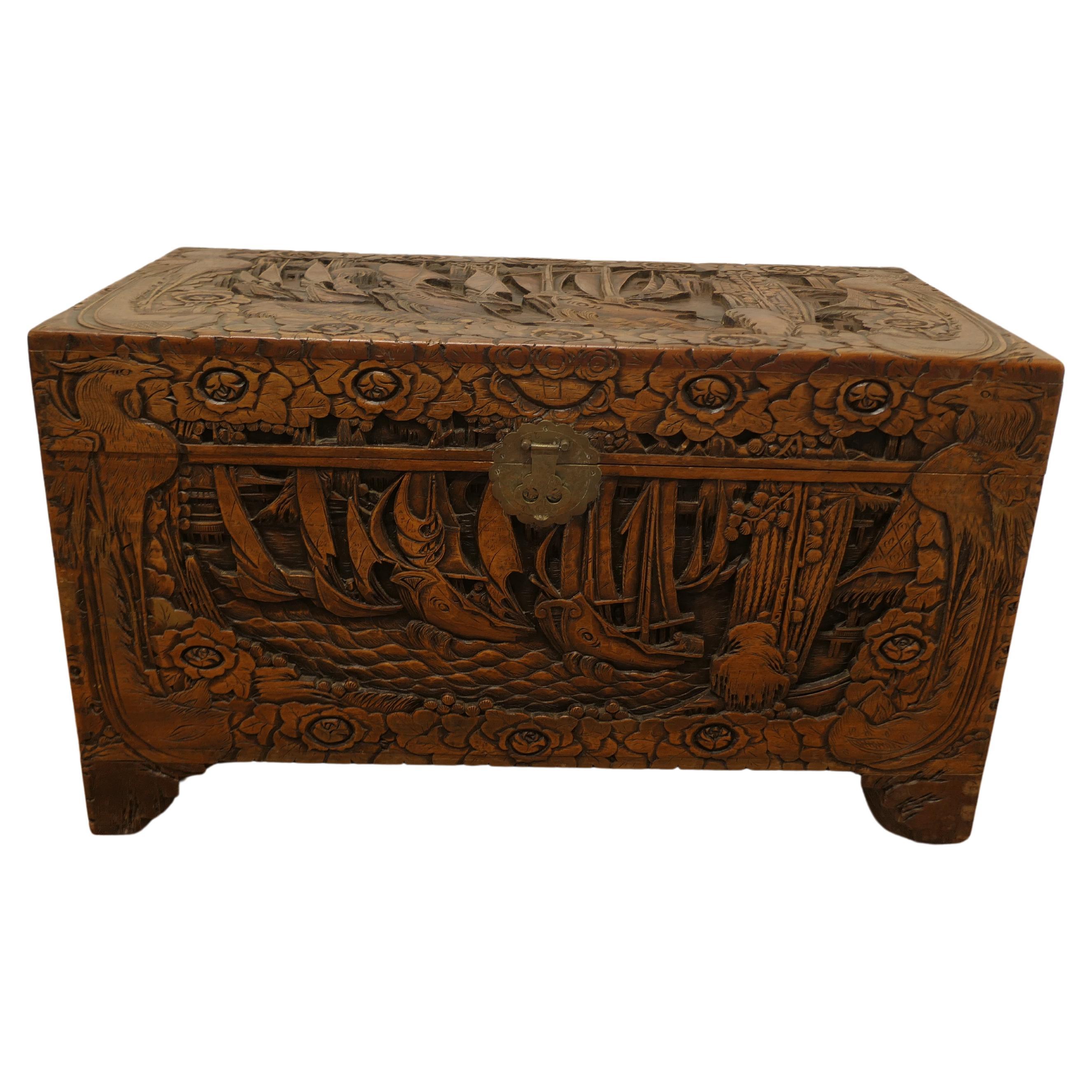Large Oriental Carved Camphor Wood Chest