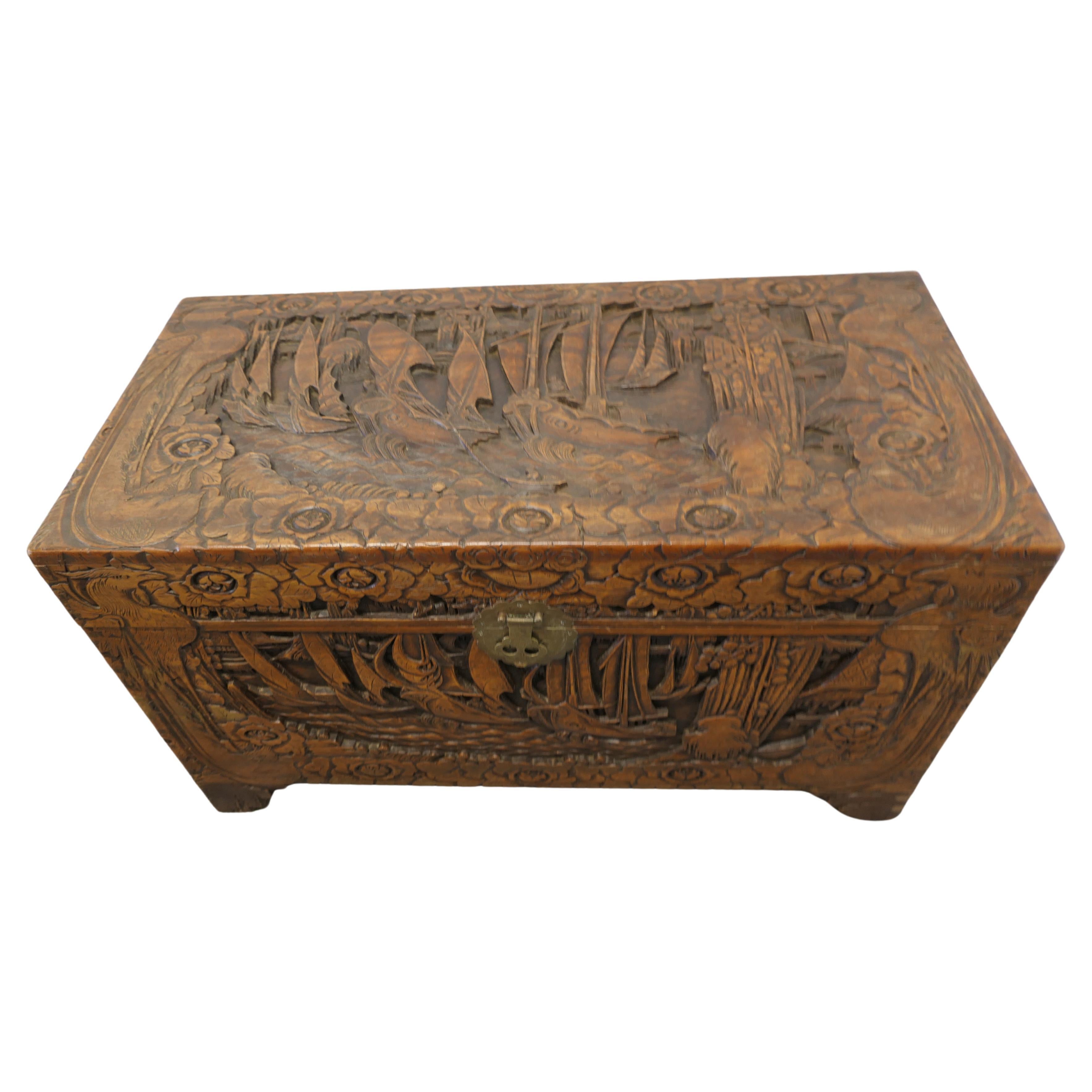 Large Oriental Carved Camphor Wood Chest   For Sale