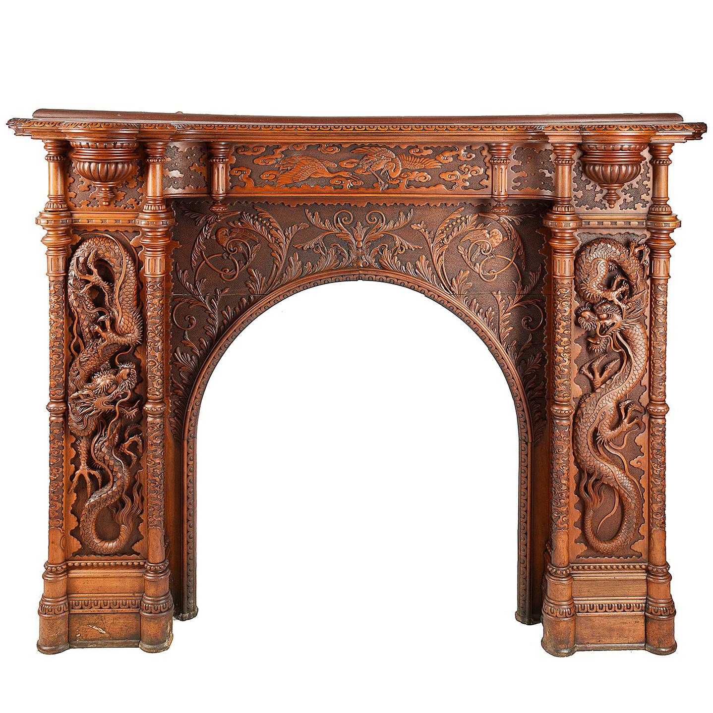 Large Oriental Carvedwood Fireplace