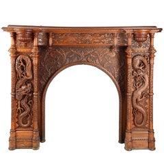 Antique Large Oriental Carvedwood Fireplace