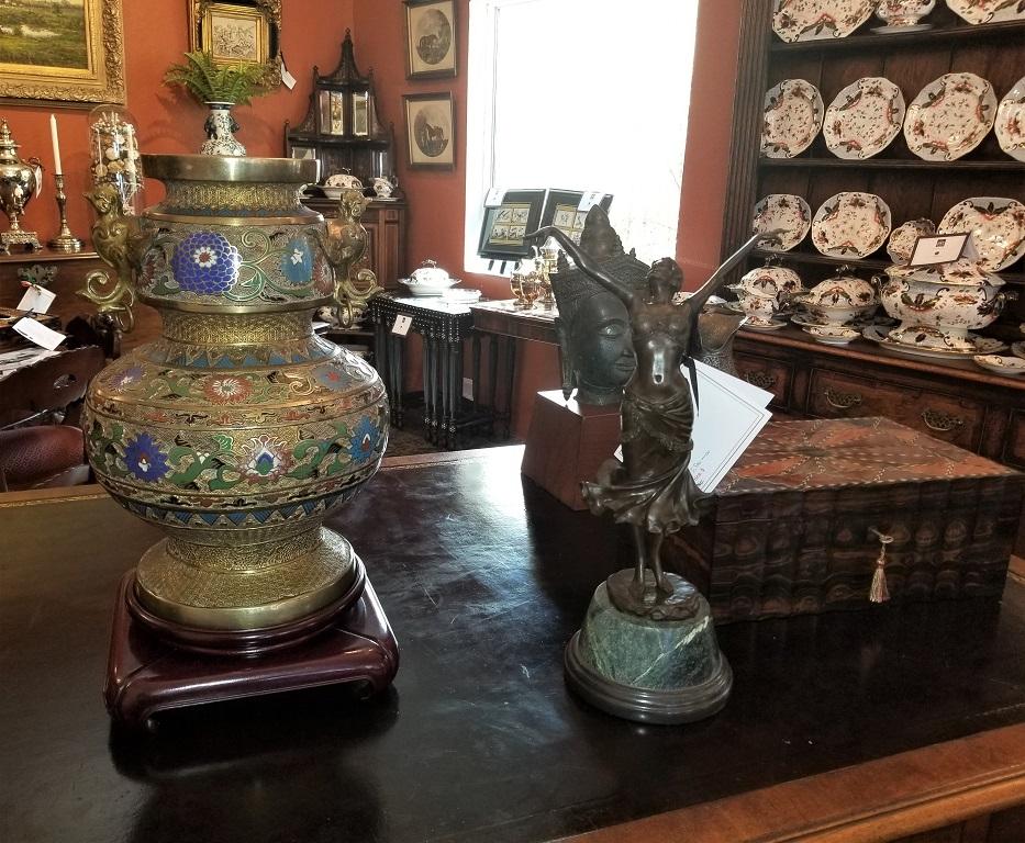 Large Oriental Champleve Cloisonne Urn on Stand For Sale 3