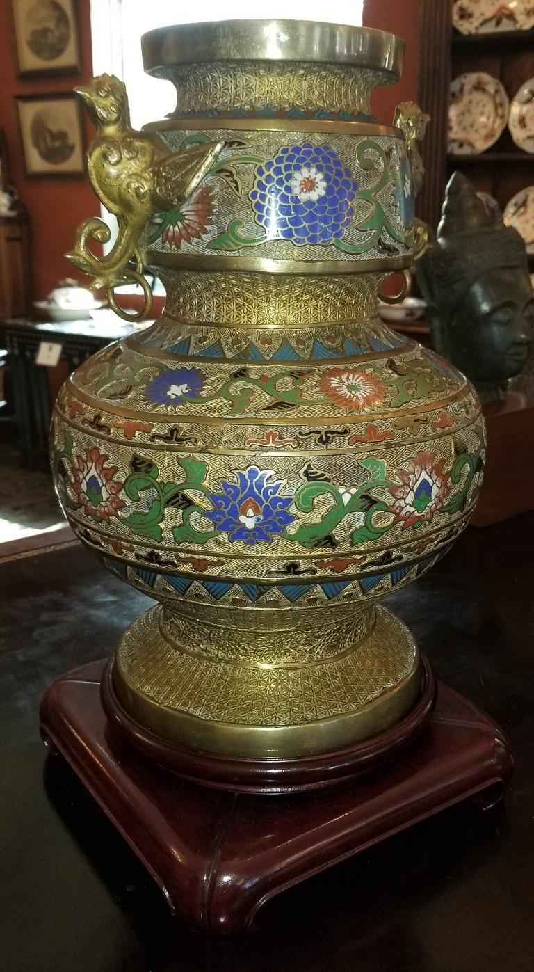 Japonisme Large Oriental Champleve Cloisonne Urn on Stand For Sale