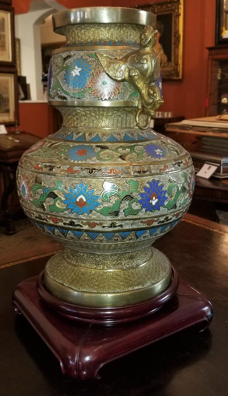 Japanese Large Oriental Champleve Cloisonne Urn on Stand For Sale