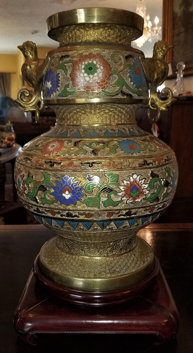 Cast Large Oriental Champleve Cloisonne Urn on Stand For Sale