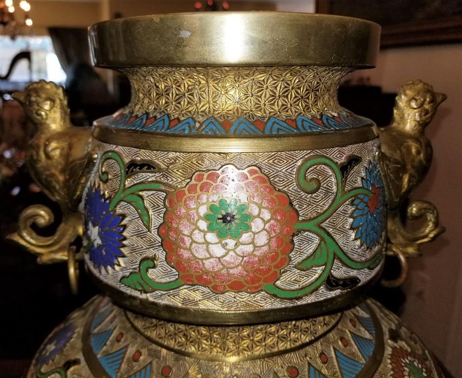 Large Oriental Champleve Cloisonne Urn on Stand In Good Condition For Sale In Dallas, TX