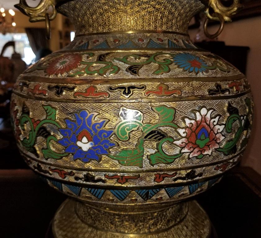 20th Century Large Oriental Champleve Cloisonne Urn on Stand For Sale