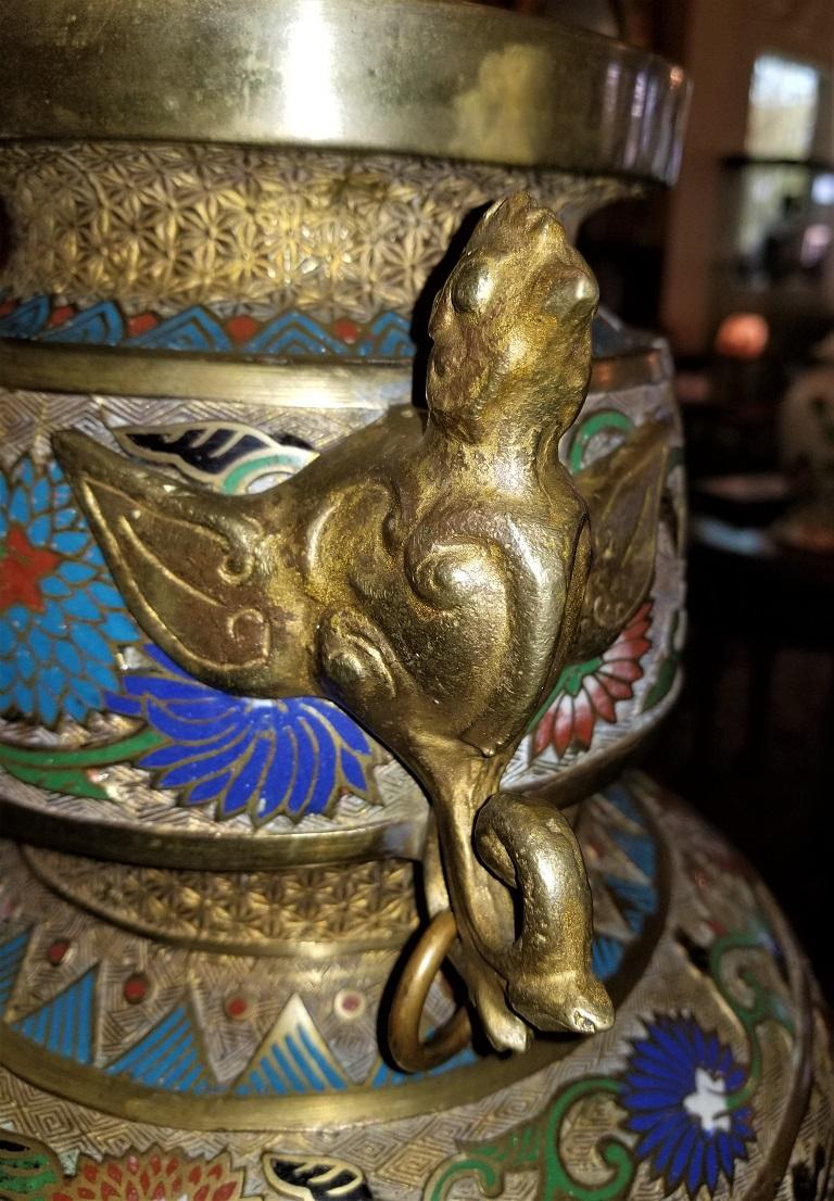 Large Oriental Champleve Cloisonne Urn on Stand For Sale 1